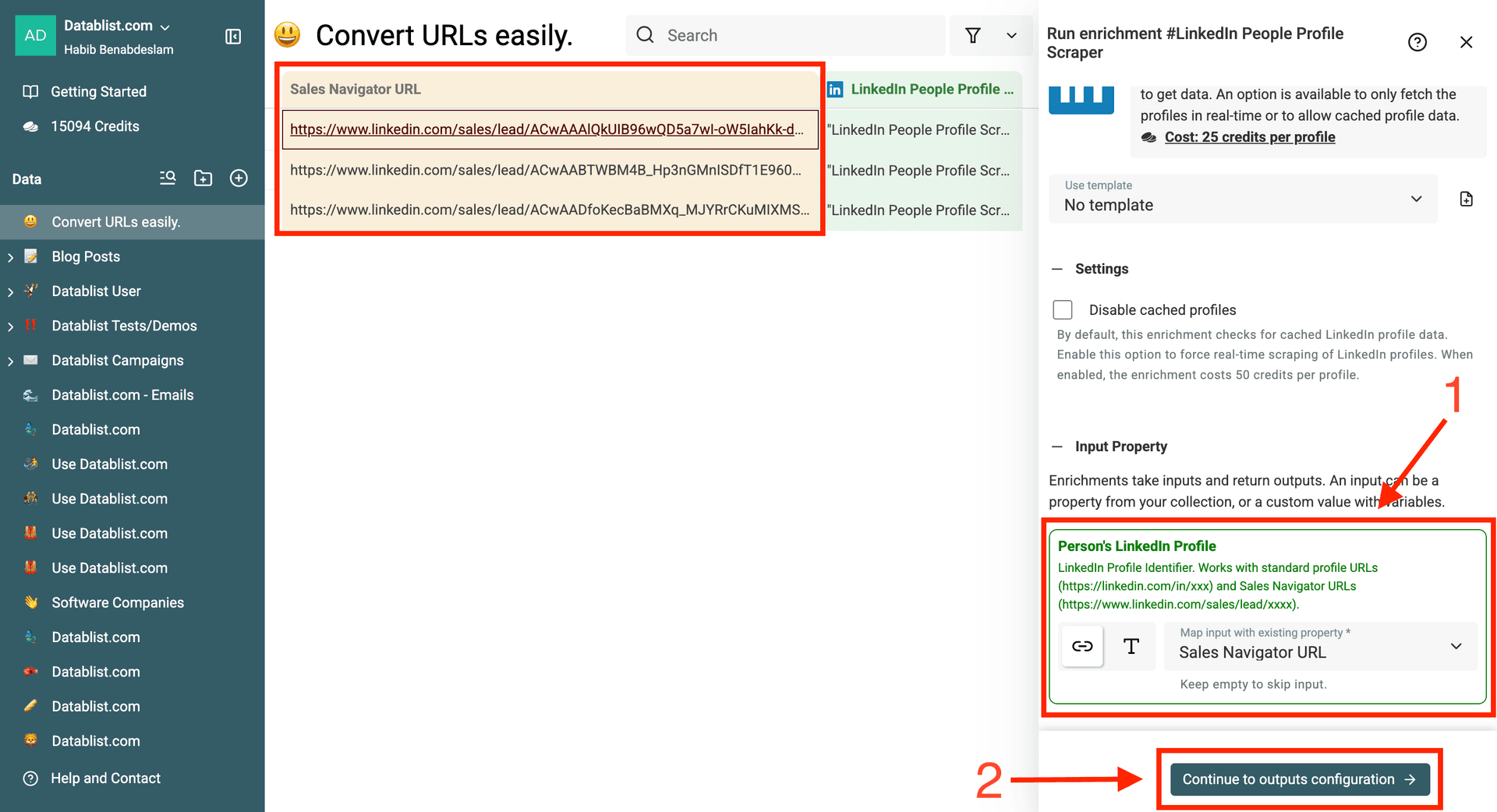 Les URL Sales Navigator configurées comme entrées