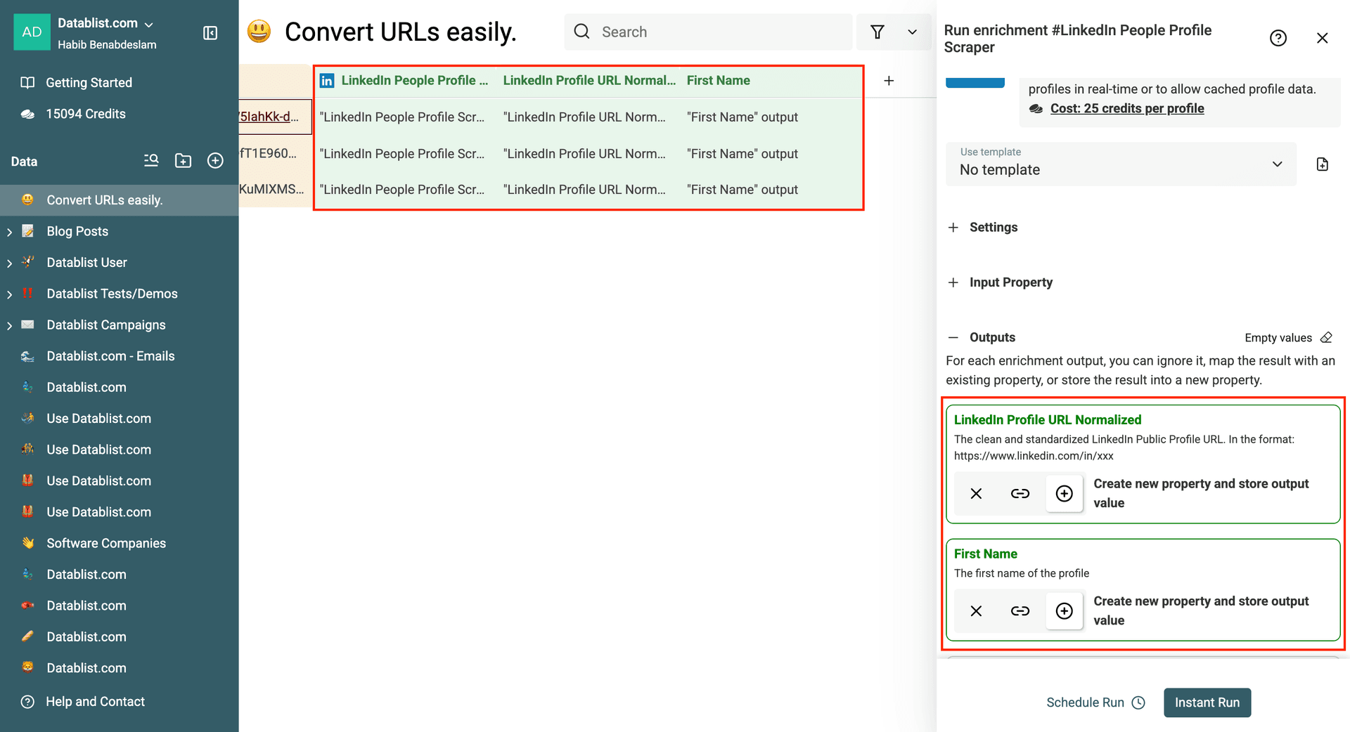 Sorties configurées du scraper de profil LinkedIn