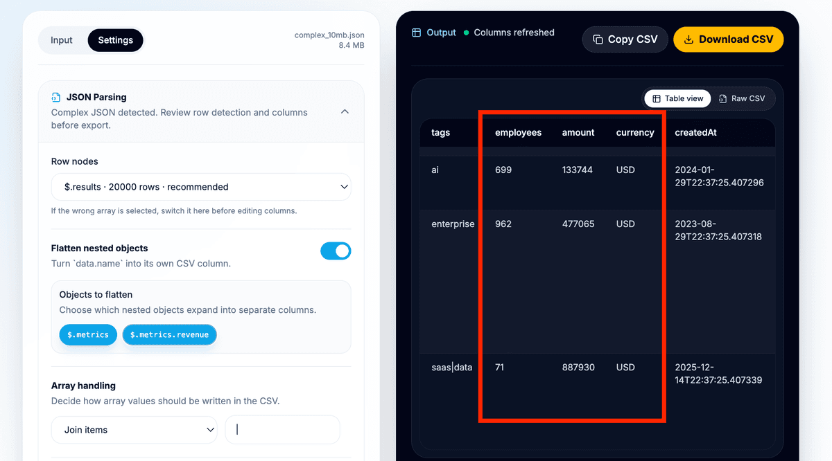 Flatten nested object settings for metrics and revenue fields