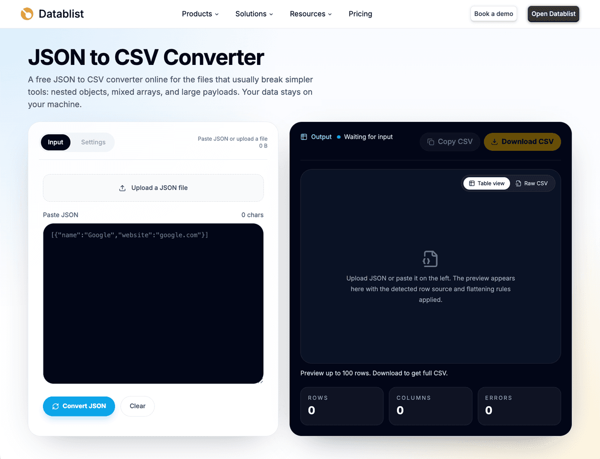 Datablist JSON to CSV converter with paste and upload options
