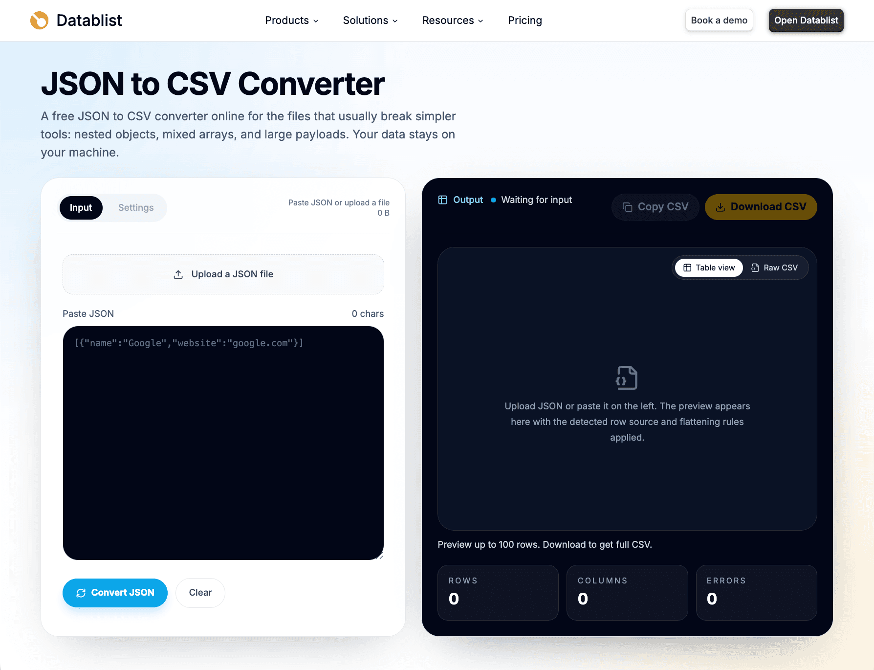 Convertisseur JSON vers CSV de Datablist avec les options de collage et d’import
