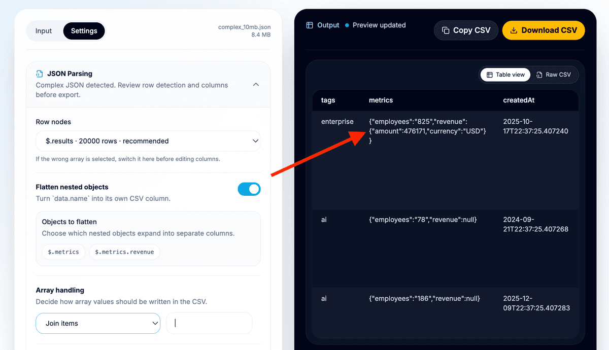 Detected nested object fields in the JSON to CSV converter