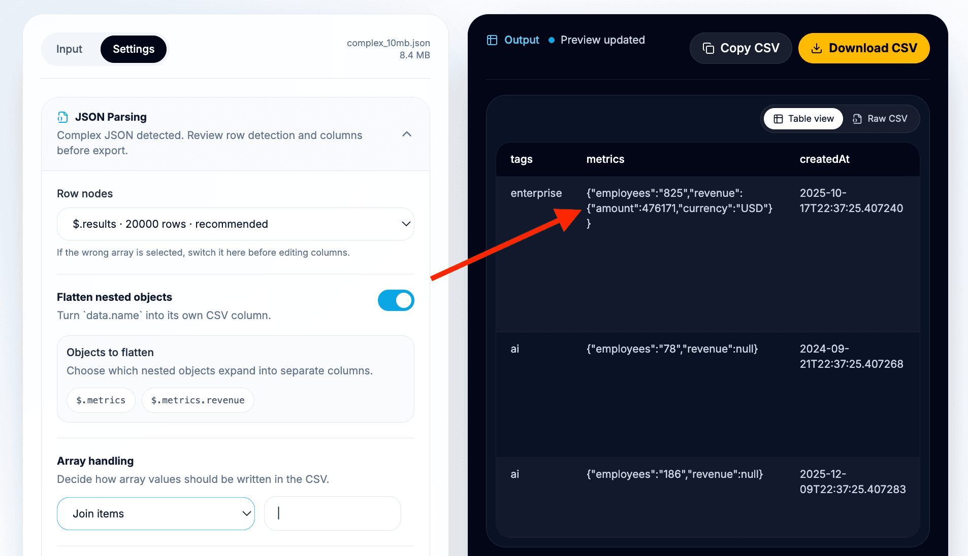Champs d’objets imbriqués détectés dans le convertisseur JSON vers CSV