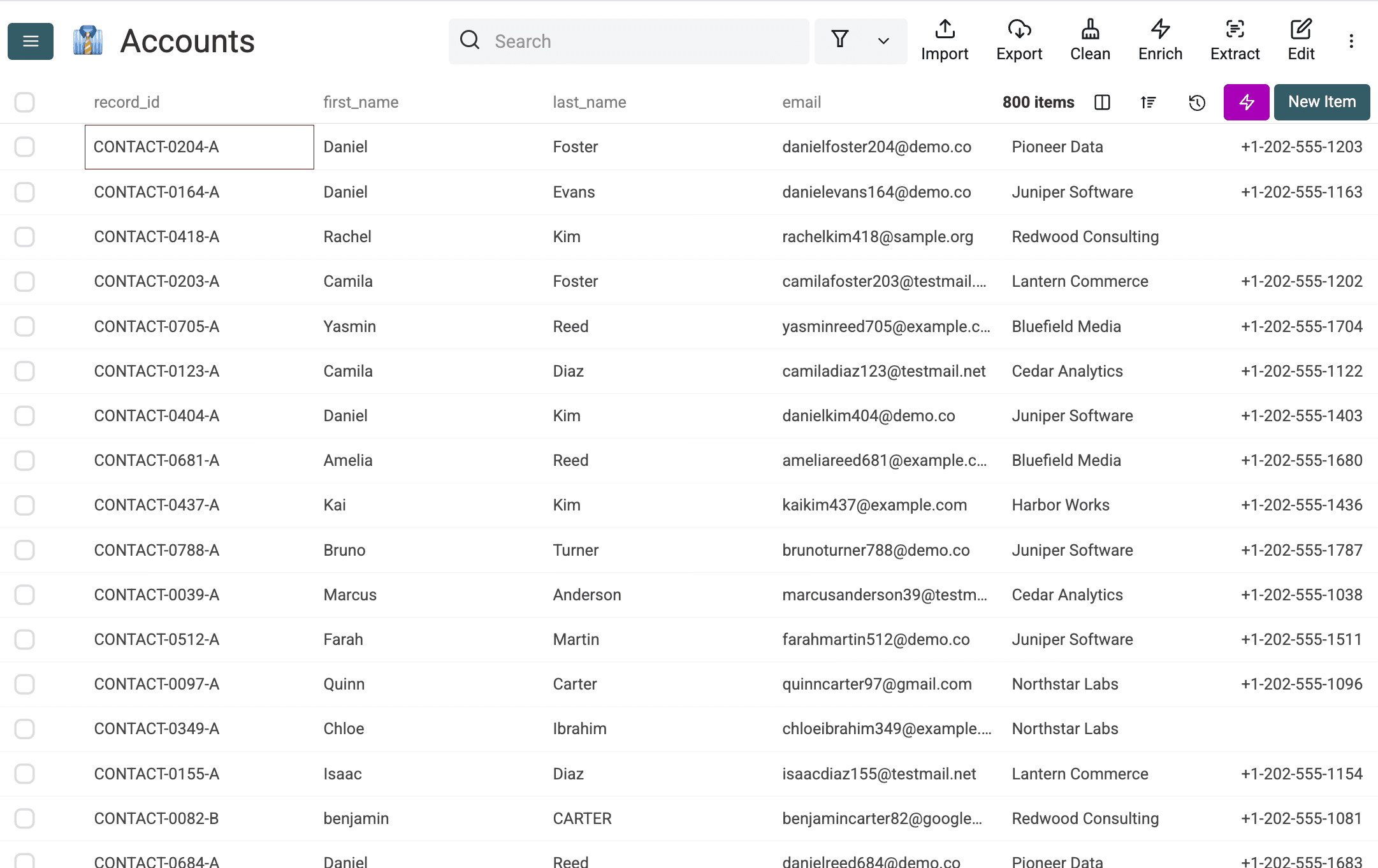 La collection Accounts nettoyée avec les 800 lignes restantes