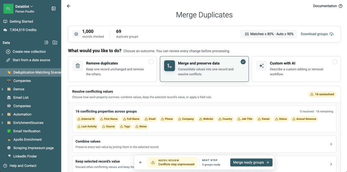 Metaphone results with 1,000 records checked and 69 duplicate groups