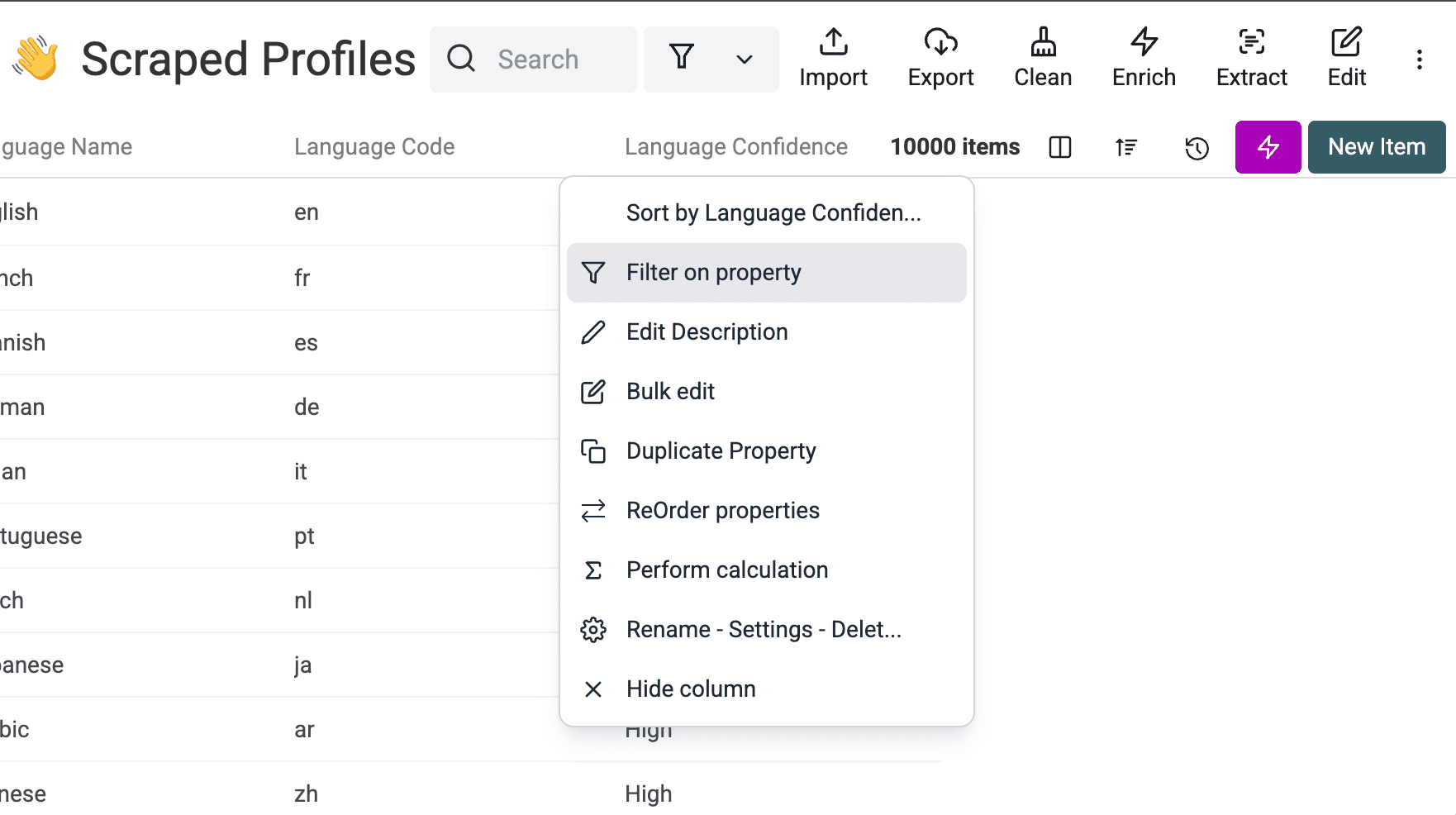 Ouverture du filtre de la colonne Language Confidence