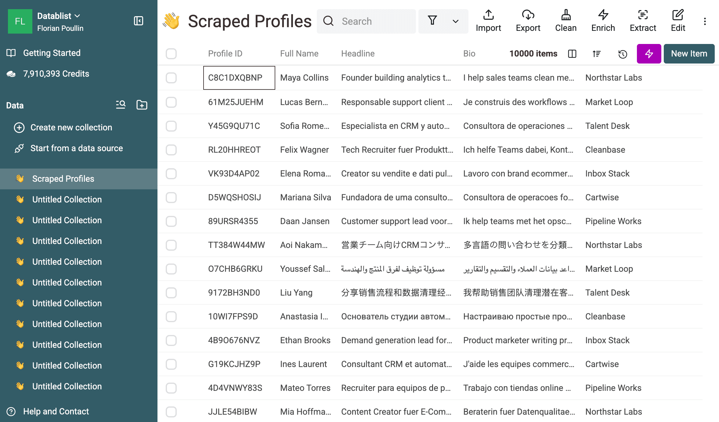 Dataset multilingue de profils importé dans Datablist