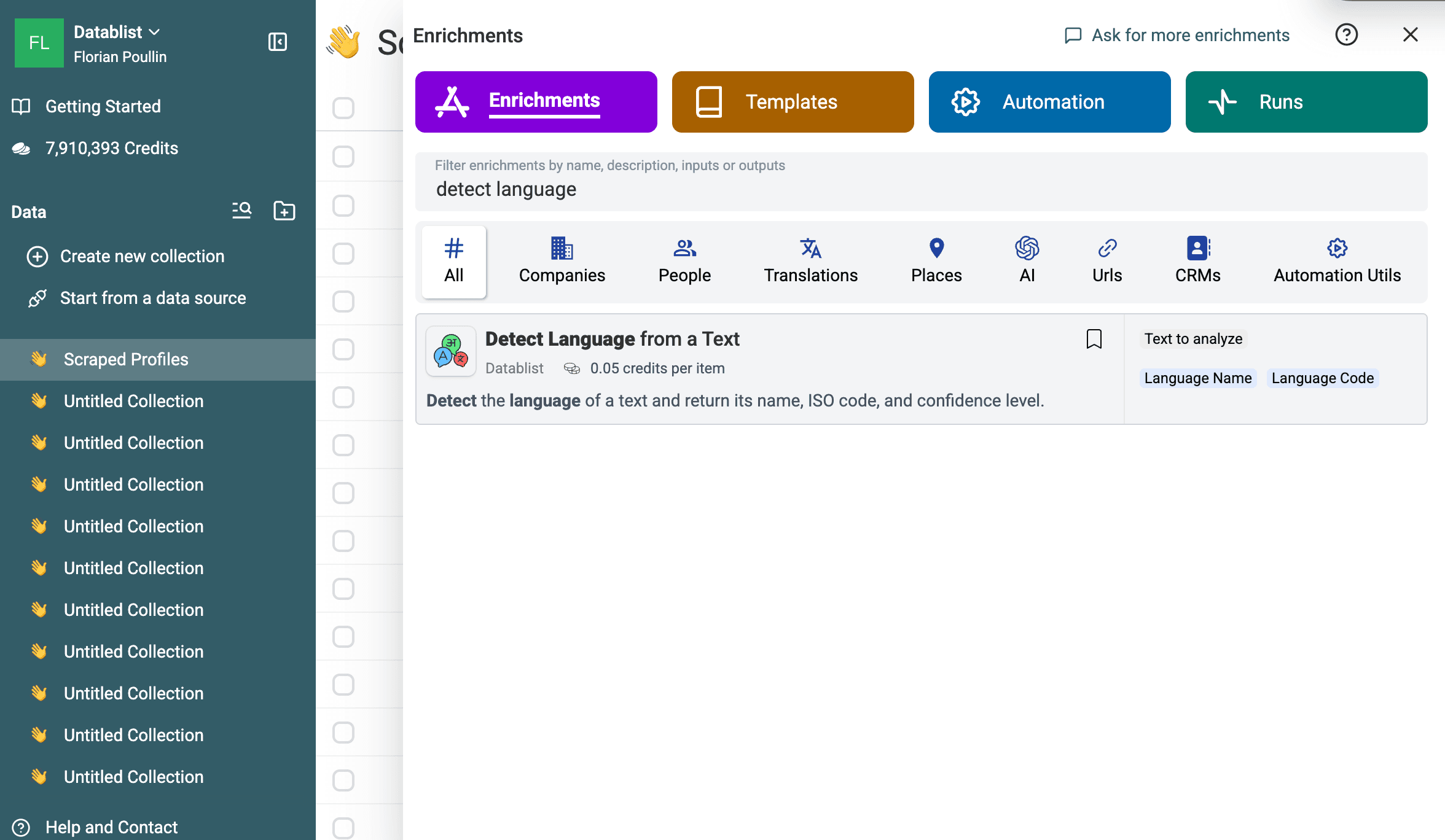 Sélection de l’enrichissement Detect Language from a Text