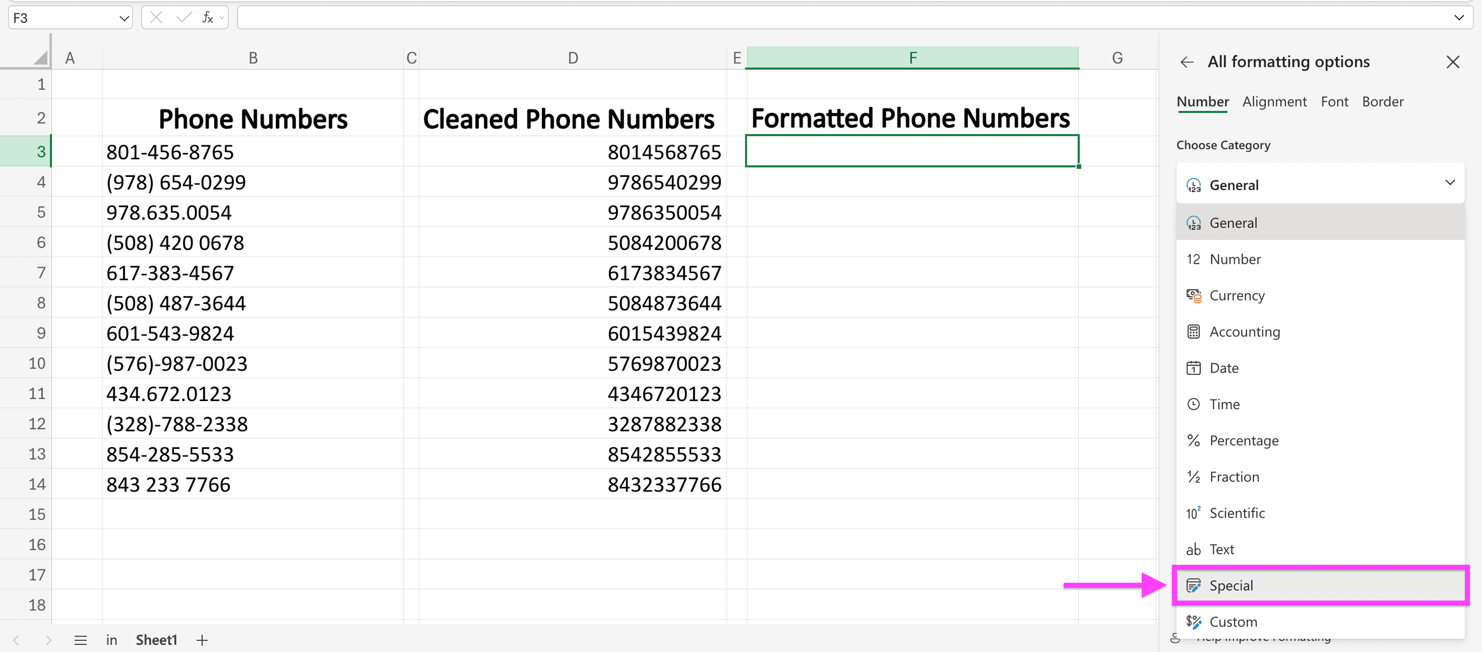 Formatting options in Excel