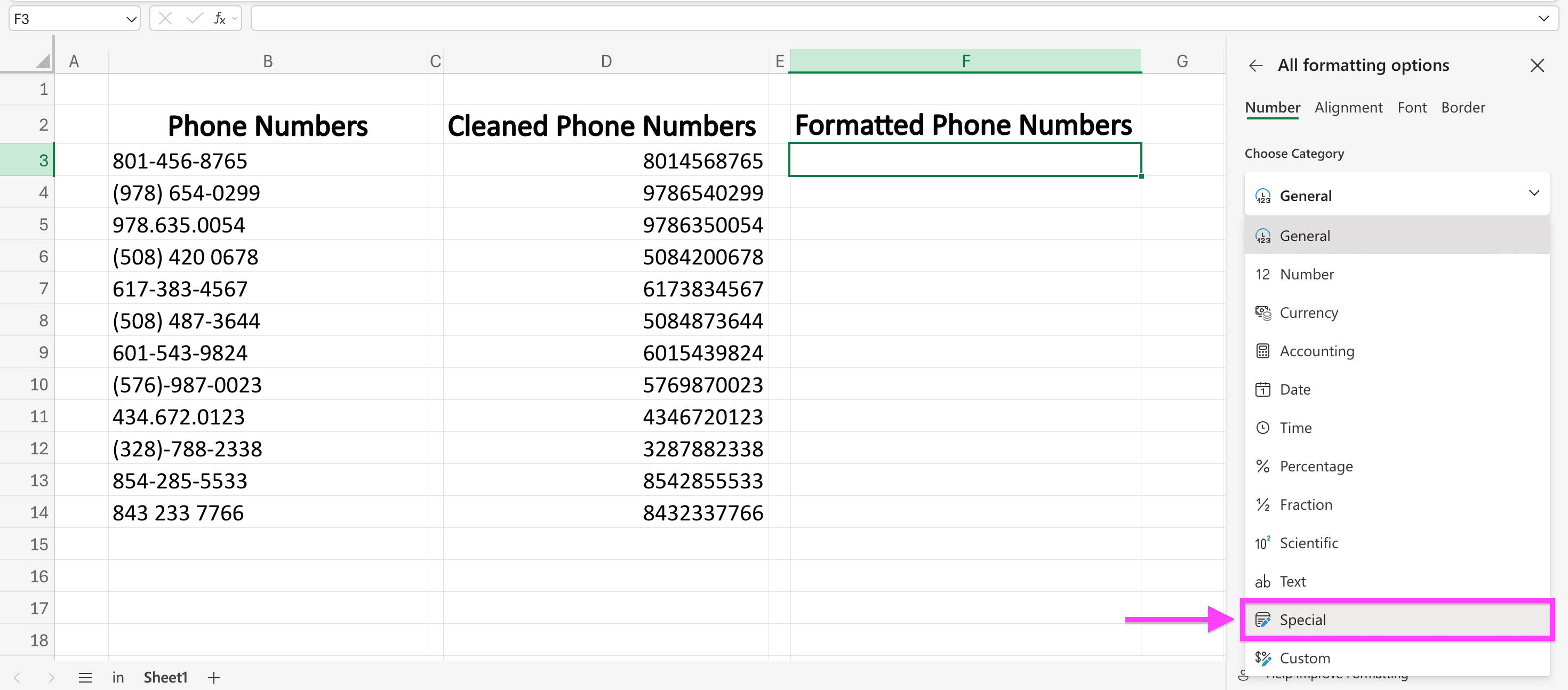 Options de formatage Excel