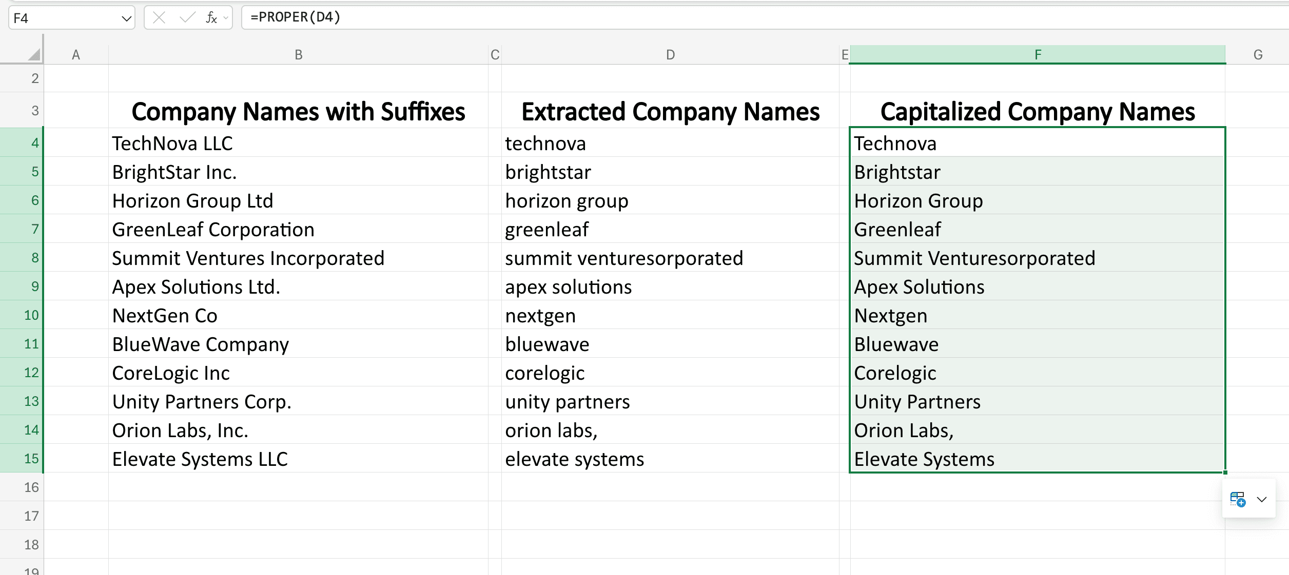 Applied formula to all company names