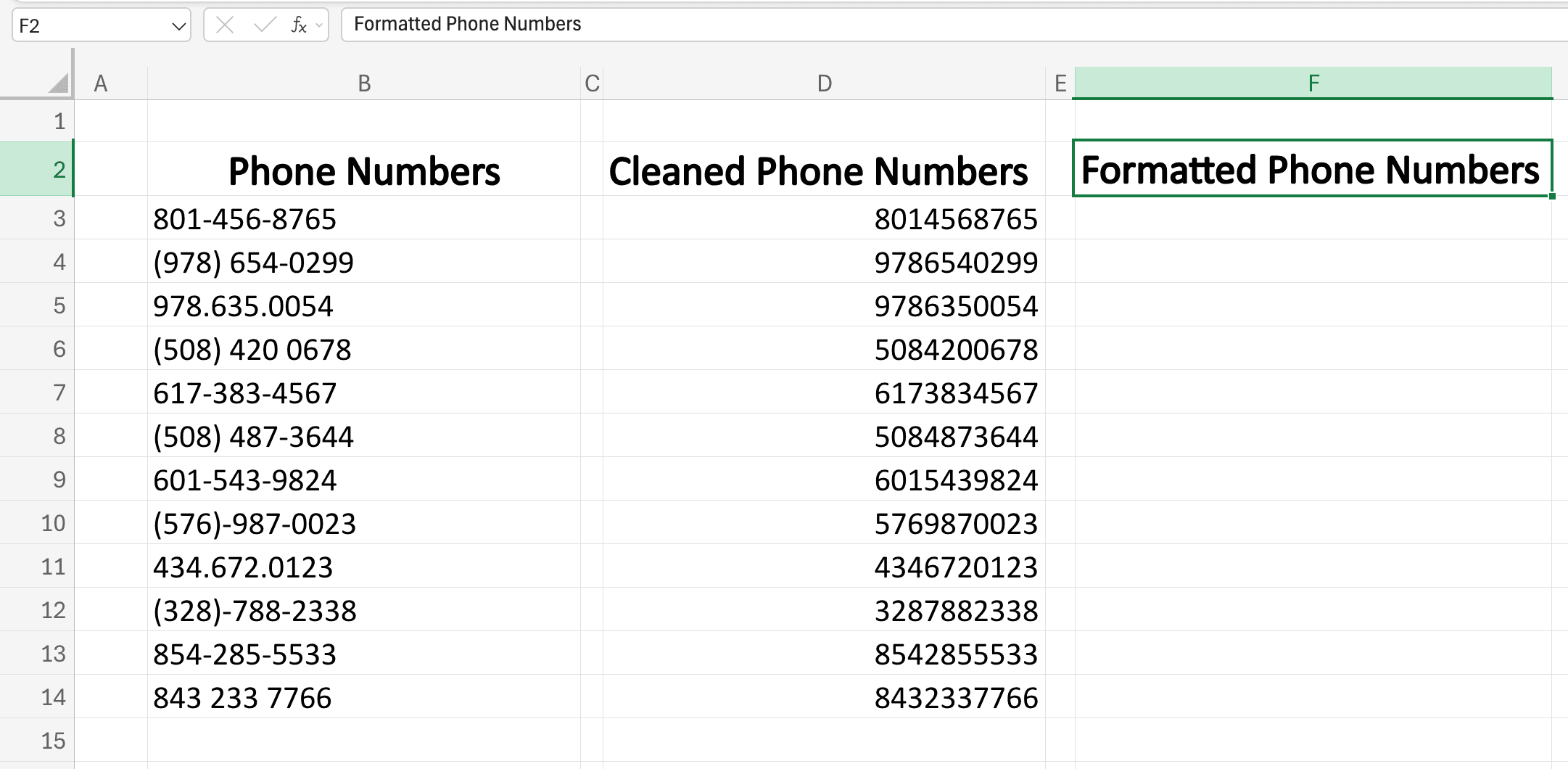My new column to insert the formatted phone numbers