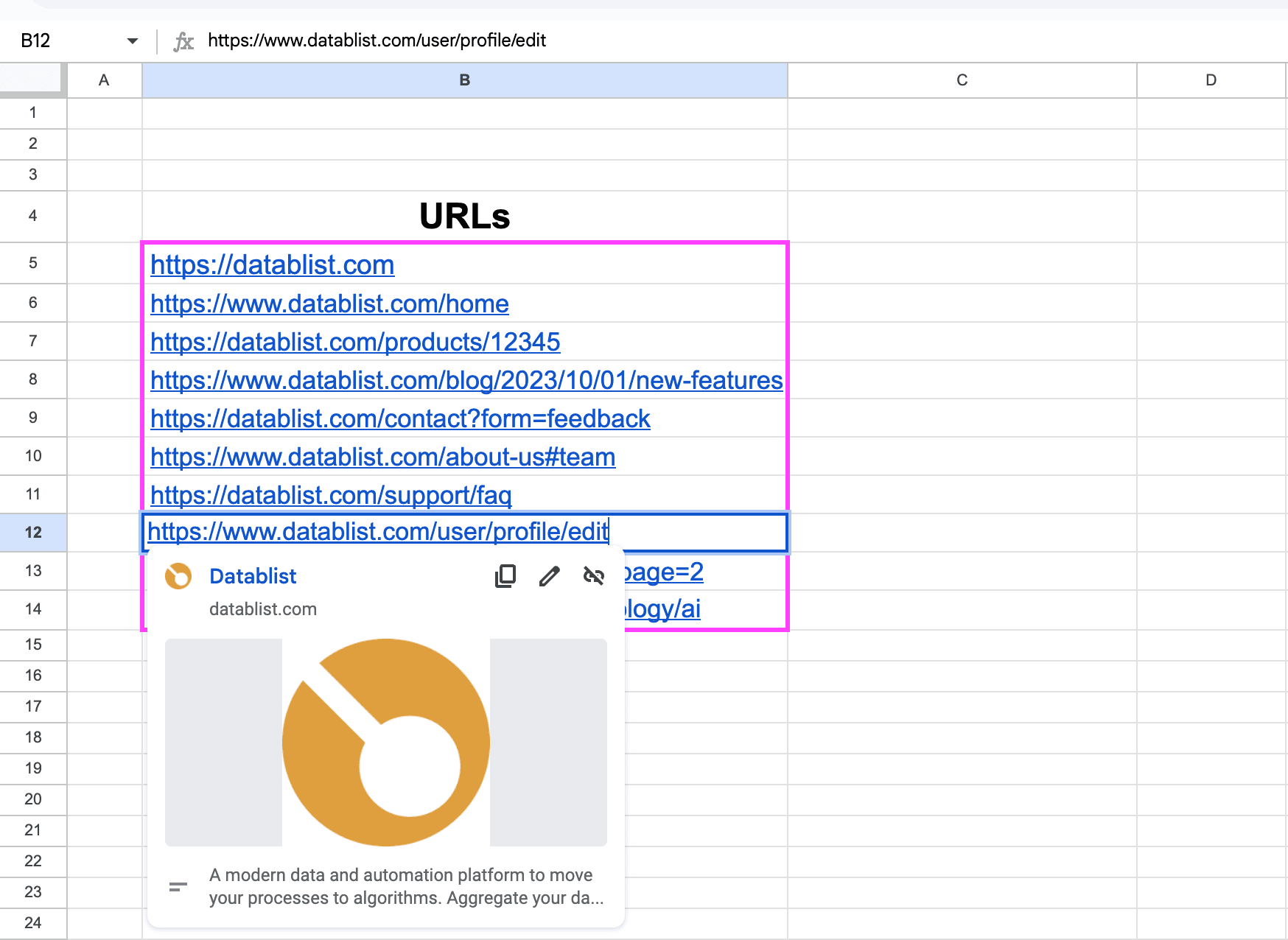 My list of URLs in Google Sheets
