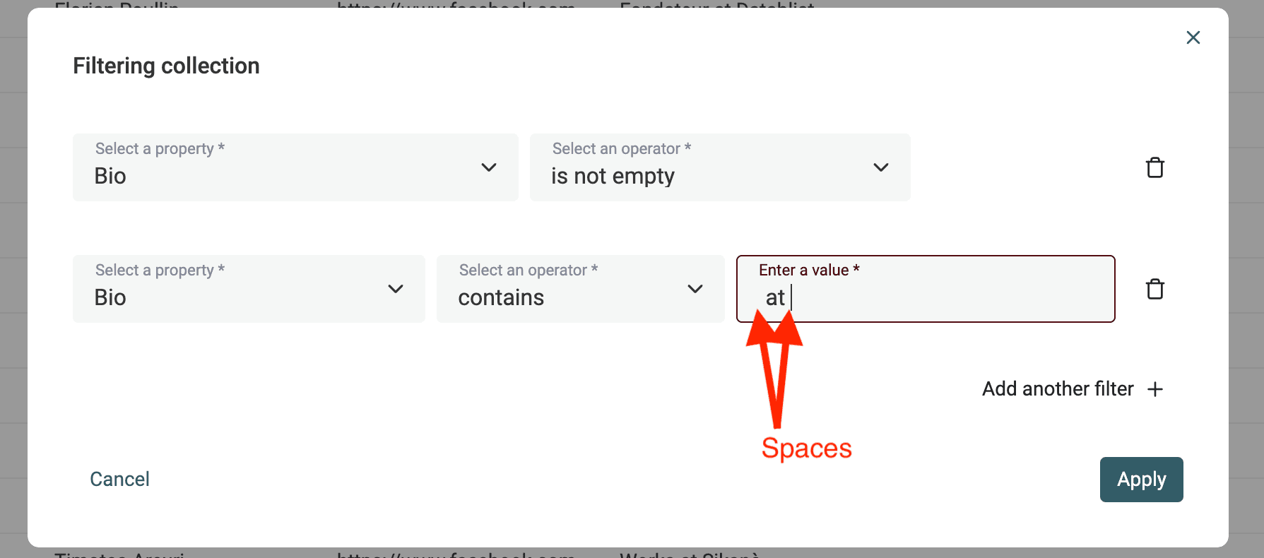 Filter "Bio" texts with " at "