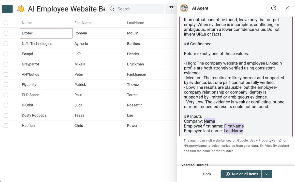 Map company and employee properties into the AI Agent prompt