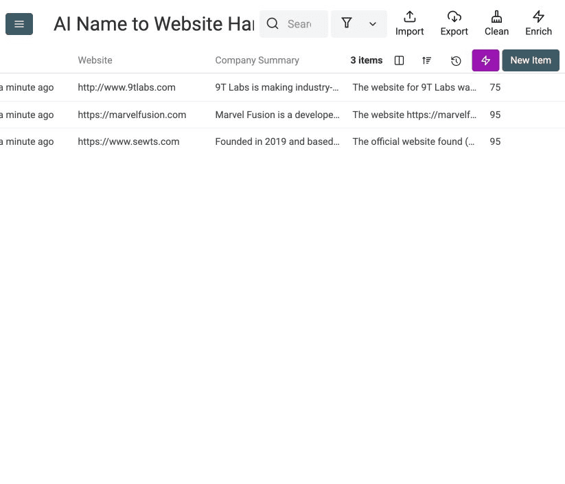 AI Agent results for the three disputed company names with the sidebar minimized