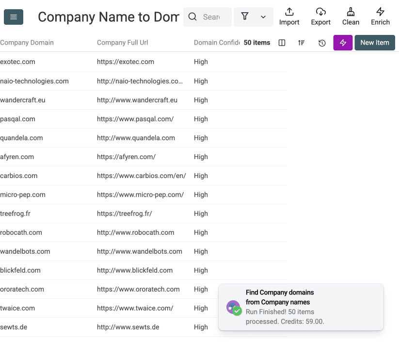 Company Name to Domain benchmark results with the sidebar minimized