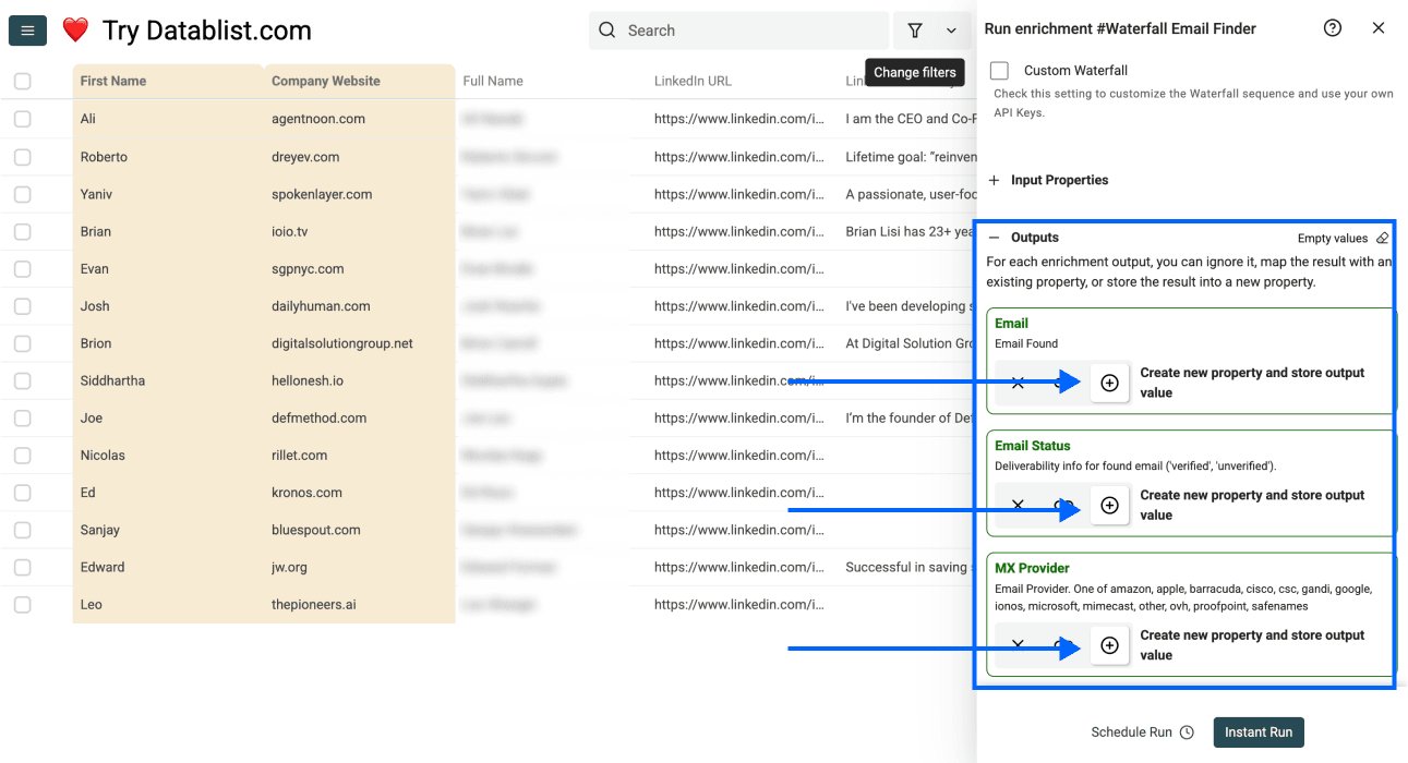 Propriétés de sortie sélectionnées pour les résultats du Waterfall Email Finder