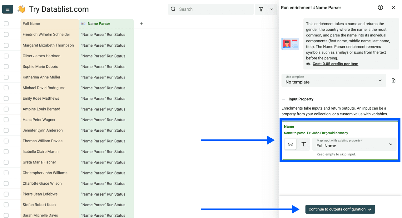 Find Gender By Name - Datablist Name Parser Input Configuration