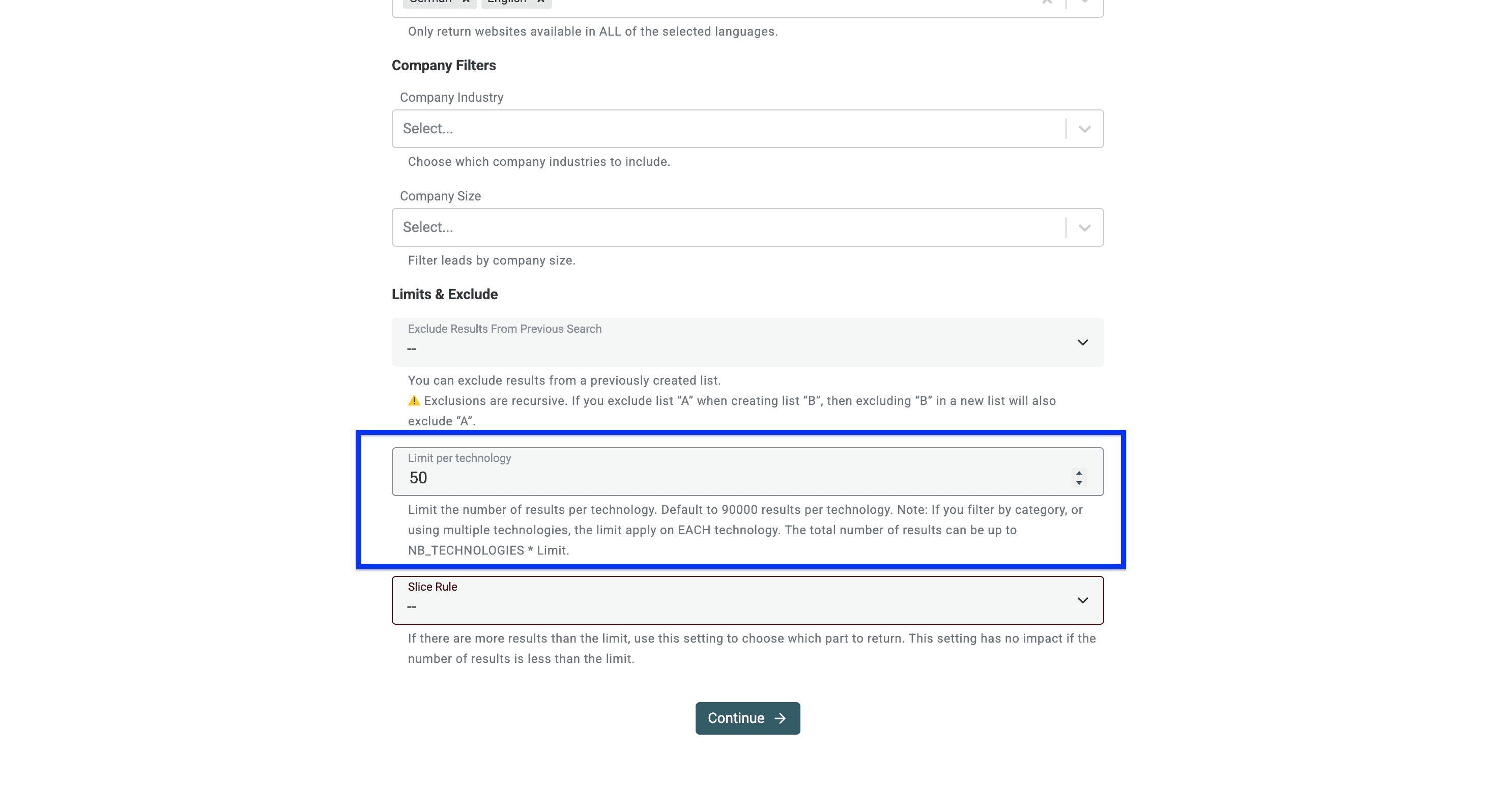 Datablist’s Technology Finder, limit setup