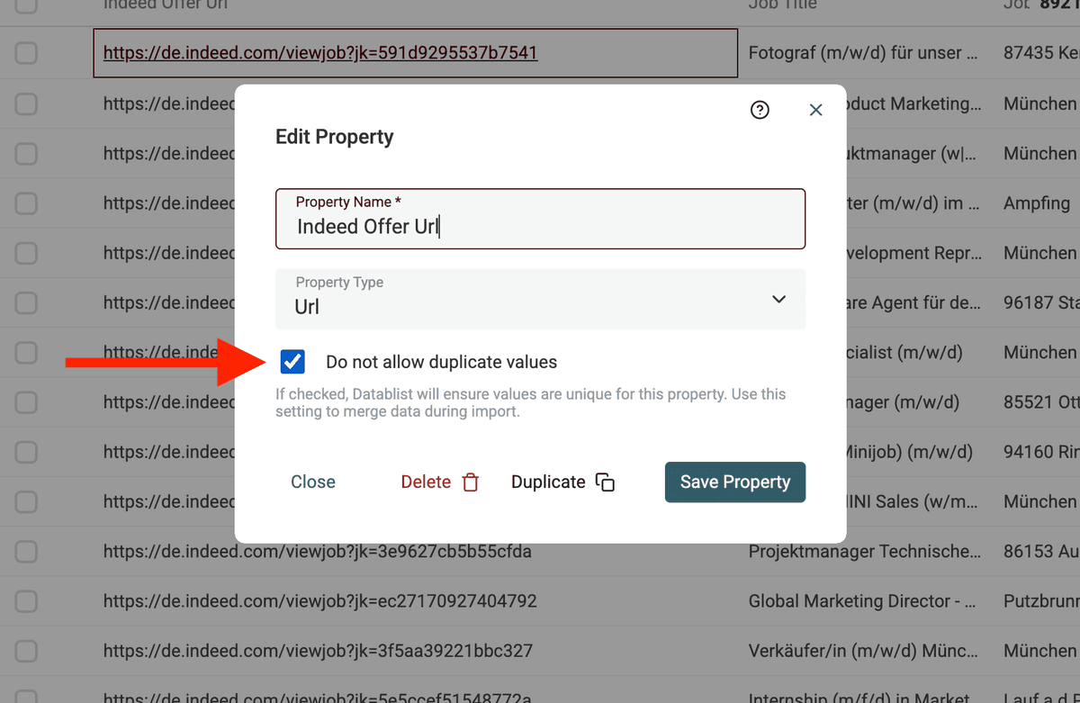 Enable the "Do not allow duplicate values" setting
