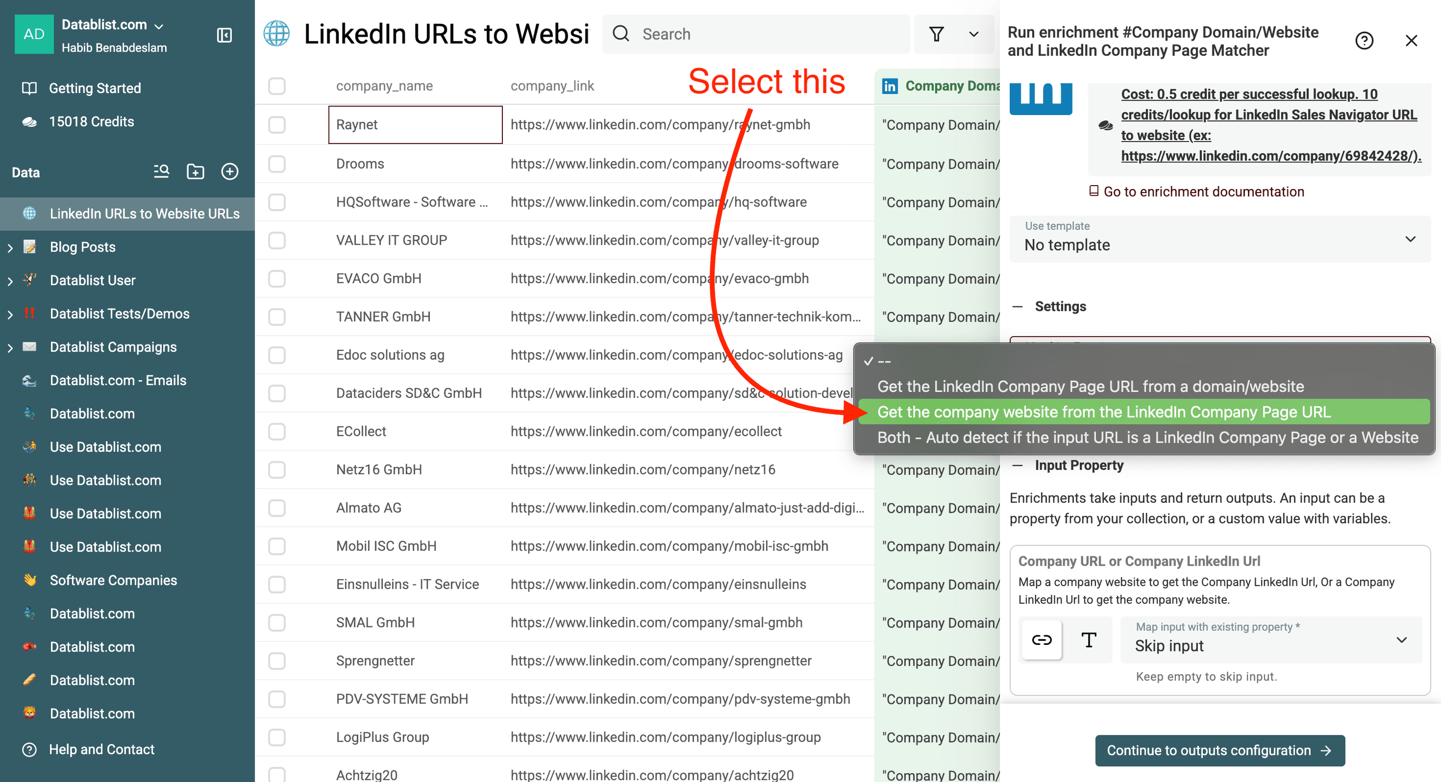 URLs de sites a partir de páginas de empresas no LinkedIn — configurações do enrichment