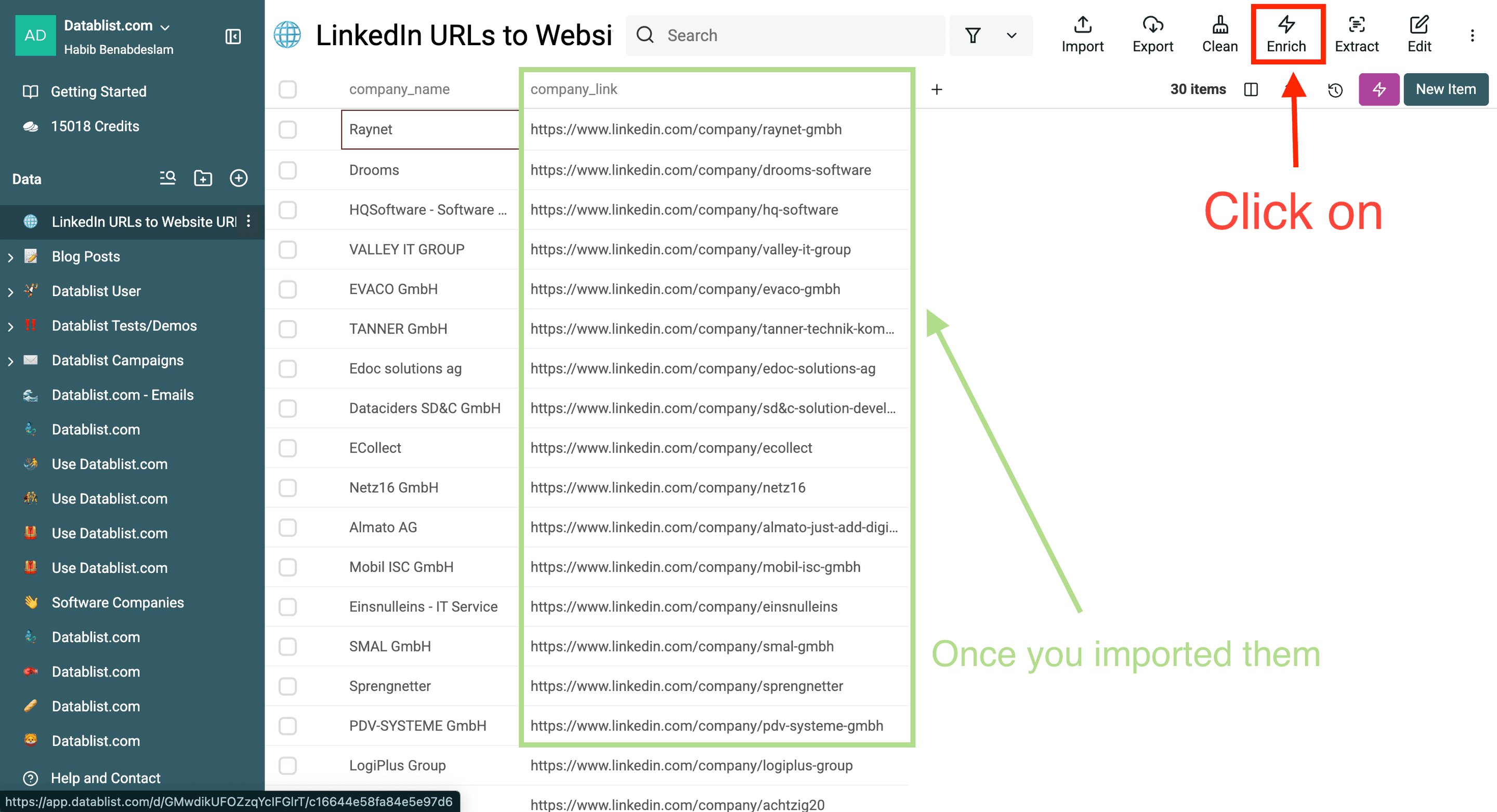 URLs de sites a partir de páginas de empresas no LinkedIn — URLs importadas