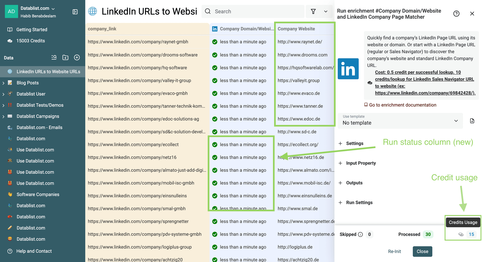 The results of the LinkedIn URL to website URL enrichment
