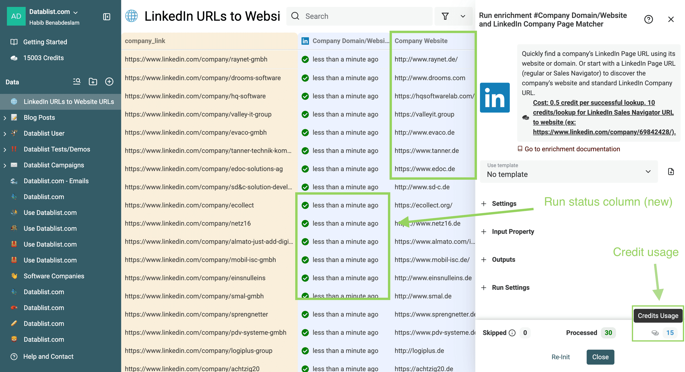 URLs de sites a partir de páginas de empresas no LinkedIn — enrichment concluído