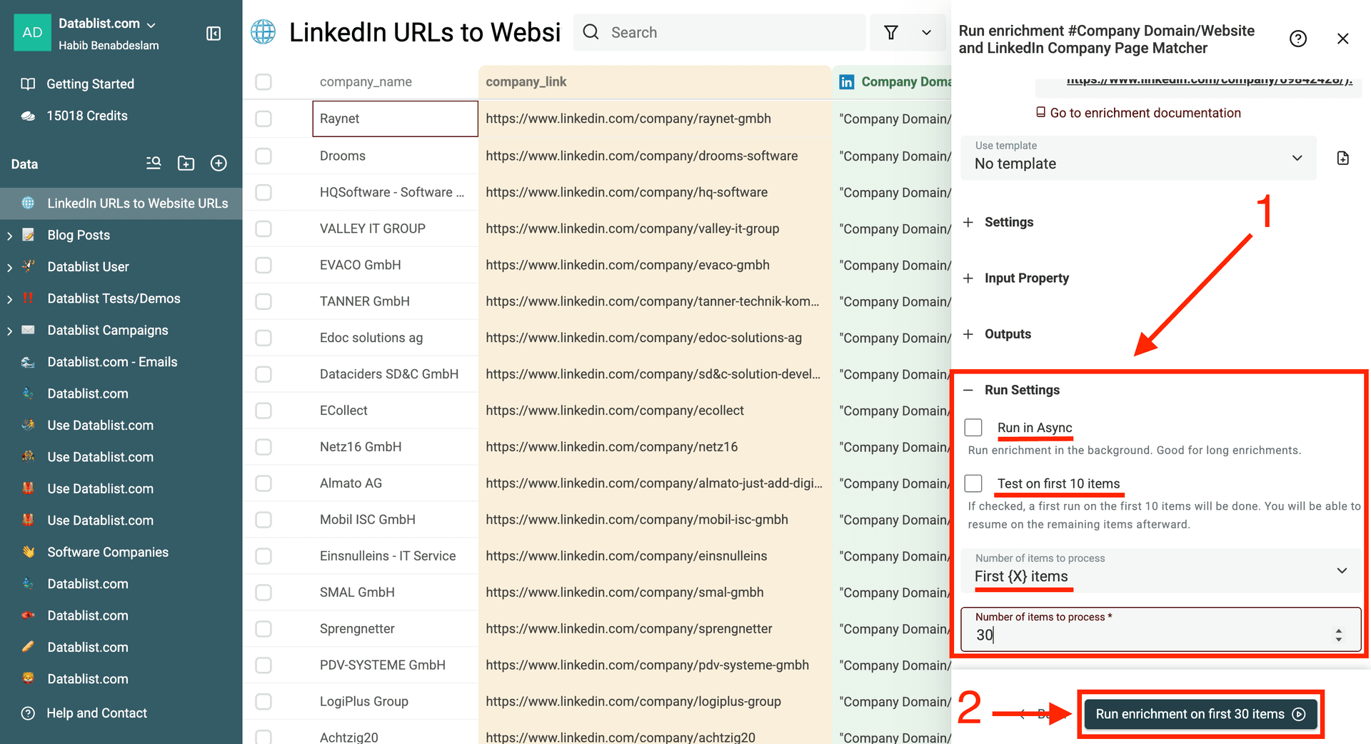 LinkedIn URL to website URL enrichment run settings