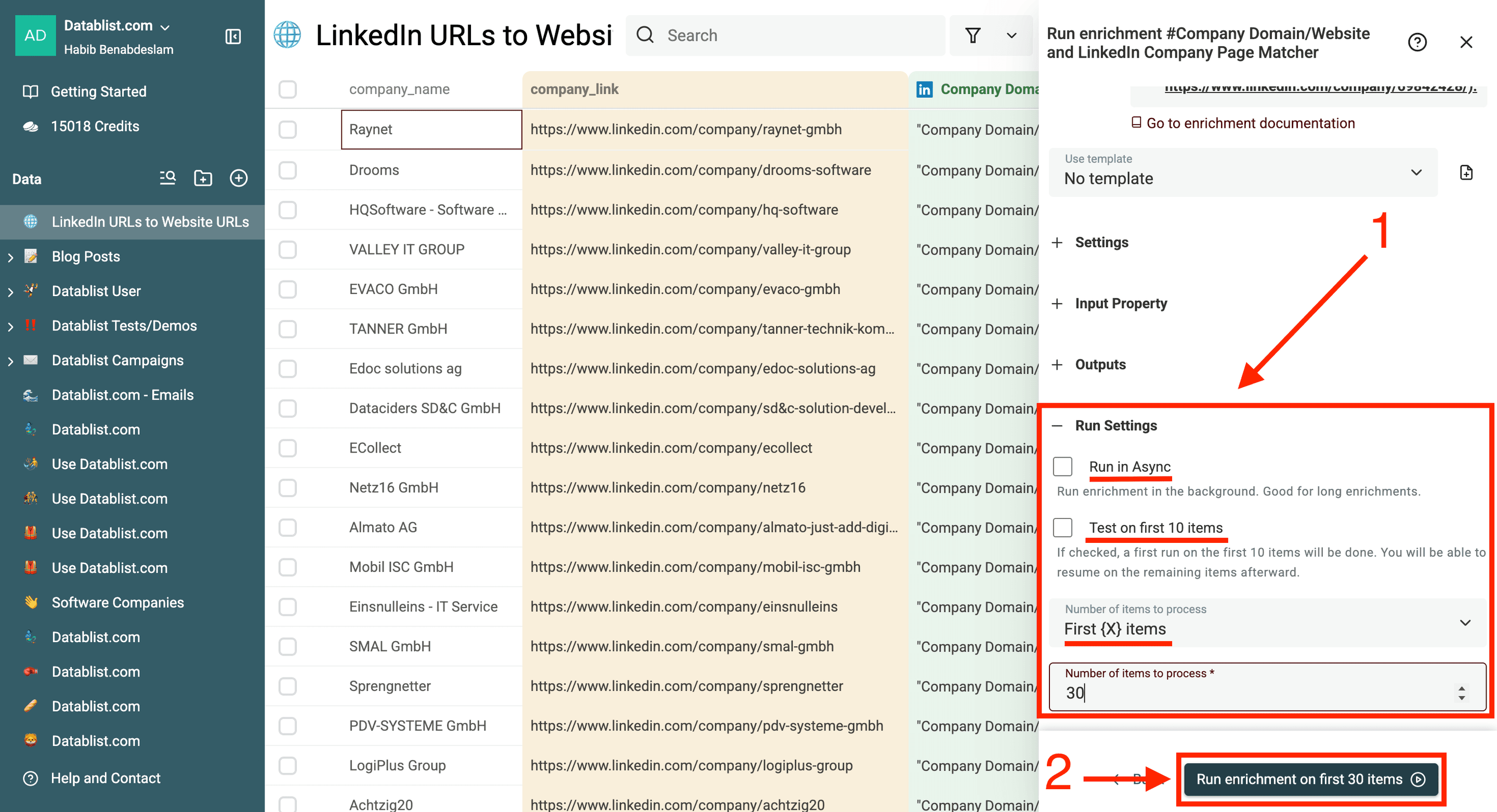 URLs de sites a partir de páginas de empresas no LinkedIn — configurações da execução