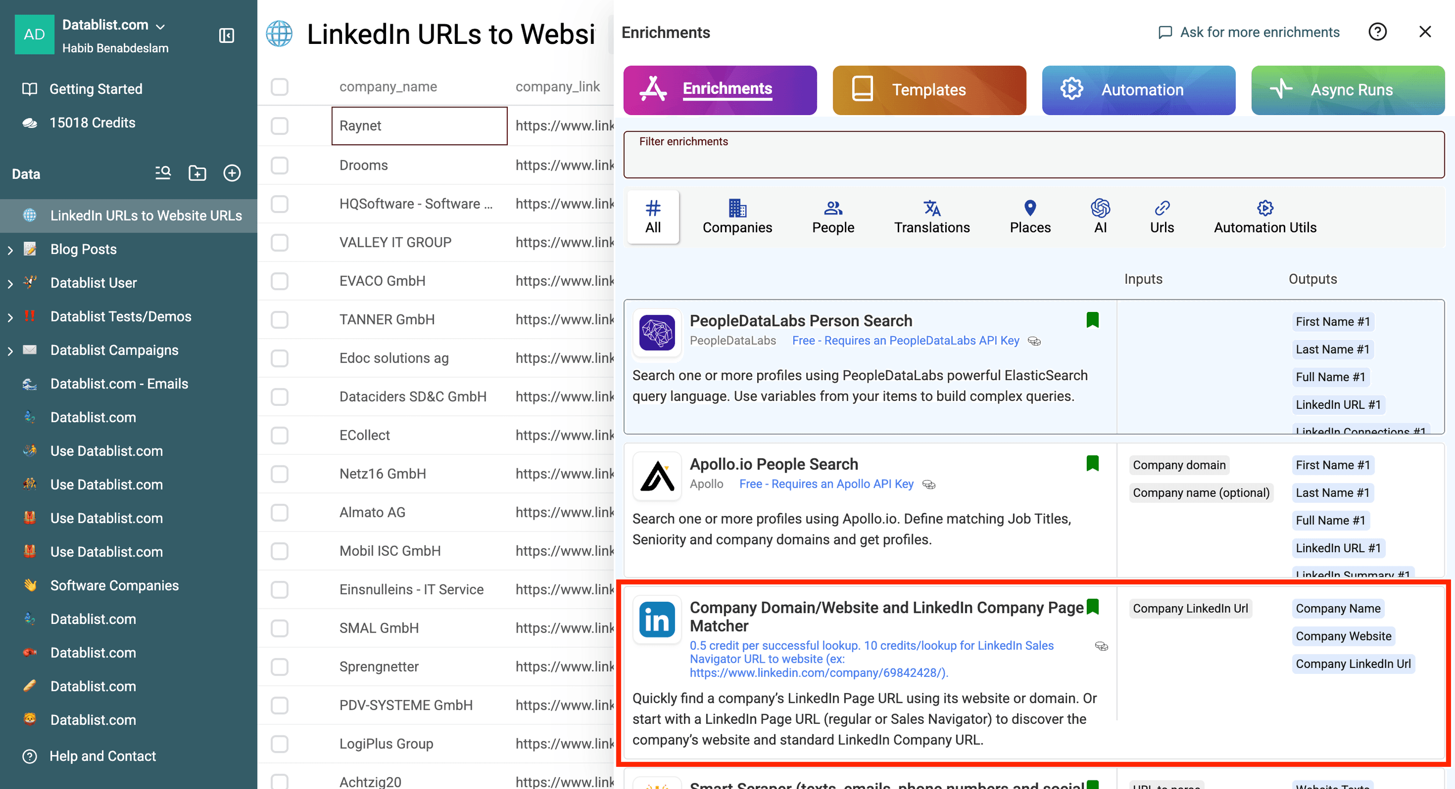 URLs de sites a partir de páginas de empresas no LinkedIn — biblioteca de enrichments