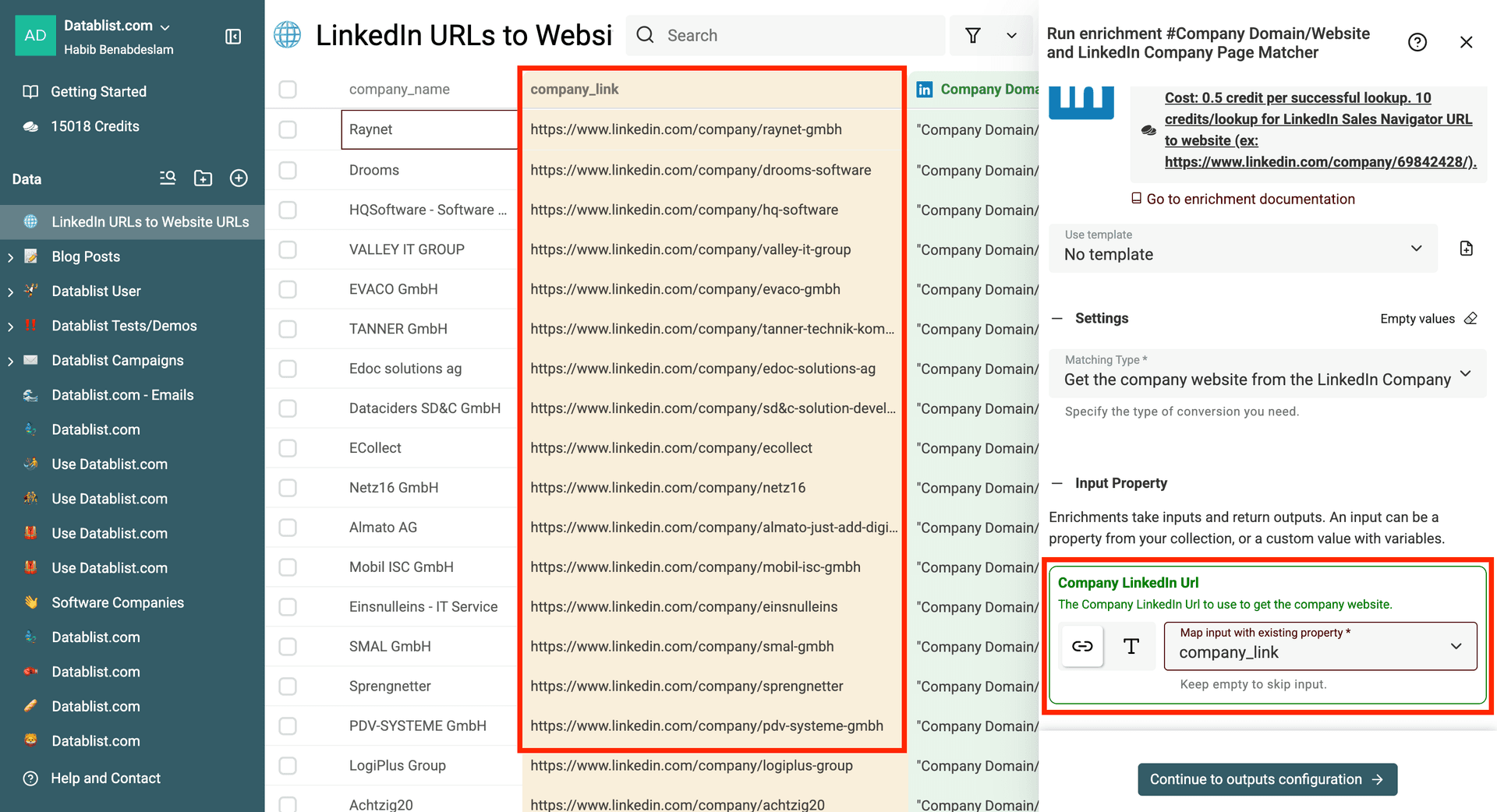 Selecting the LinkedIn URL as input property