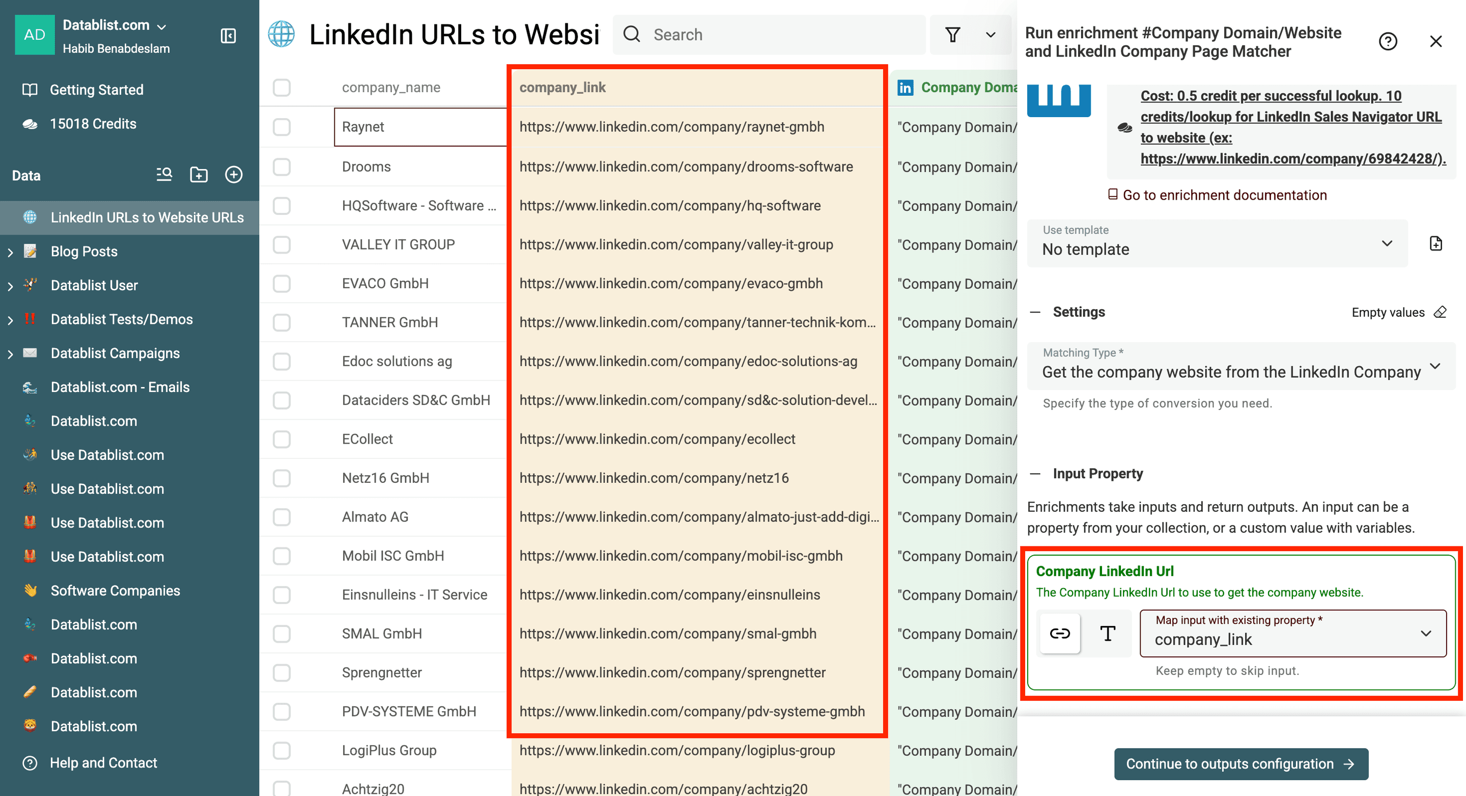 URLs de sites a partir de páginas de empresas no LinkedIn — propriedade de entrada