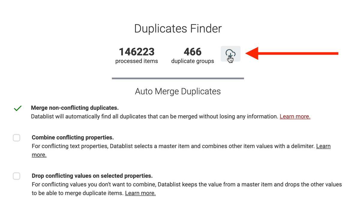 Export des résultats de déduplication