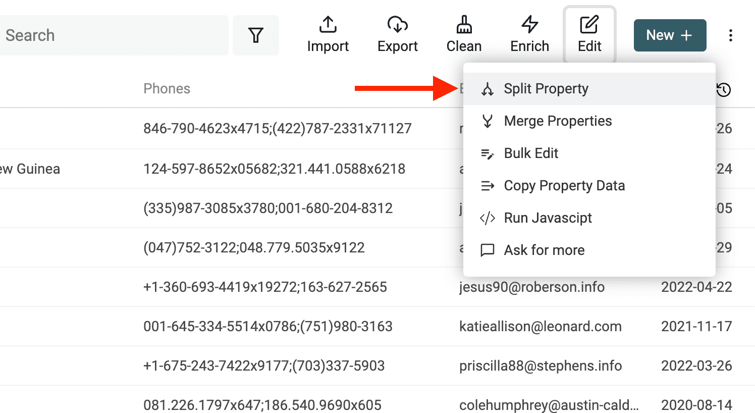 Open Split Property tool
