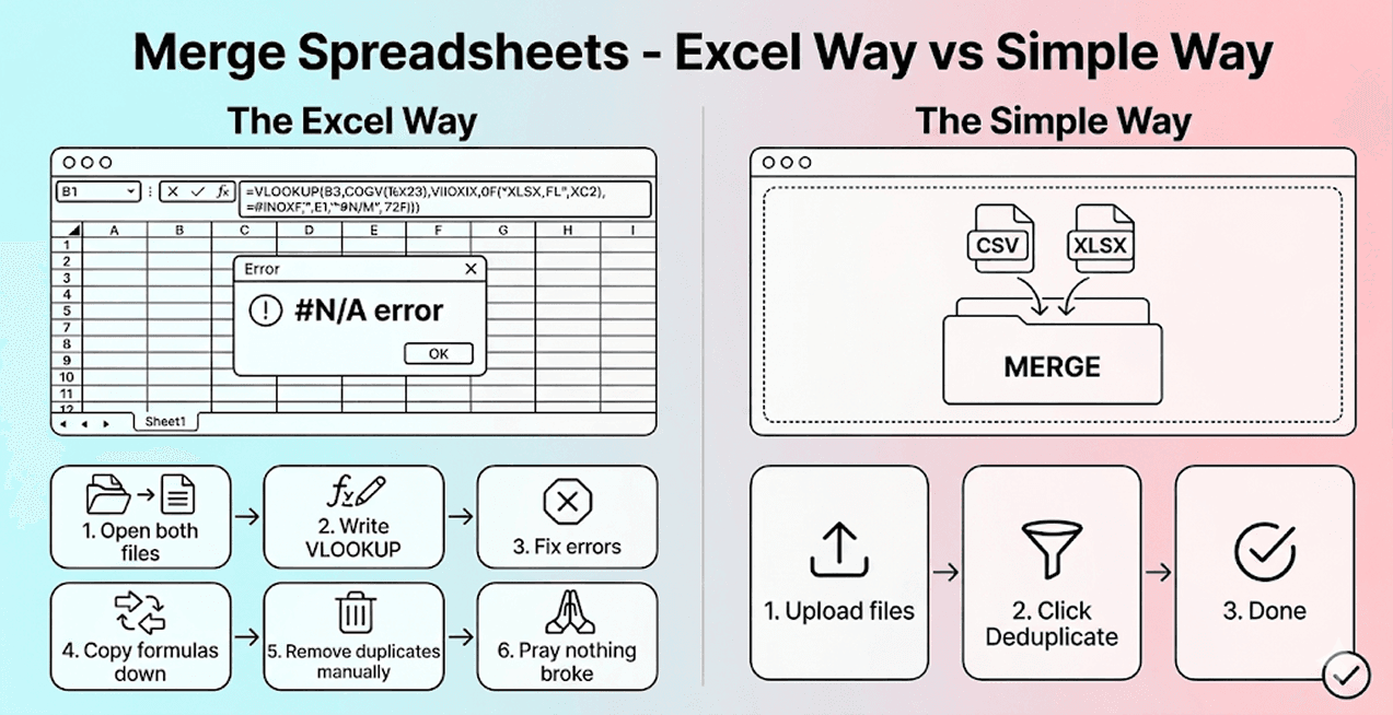 How To Merge Two Spreadsheets - Excel Way vs Simple Way
