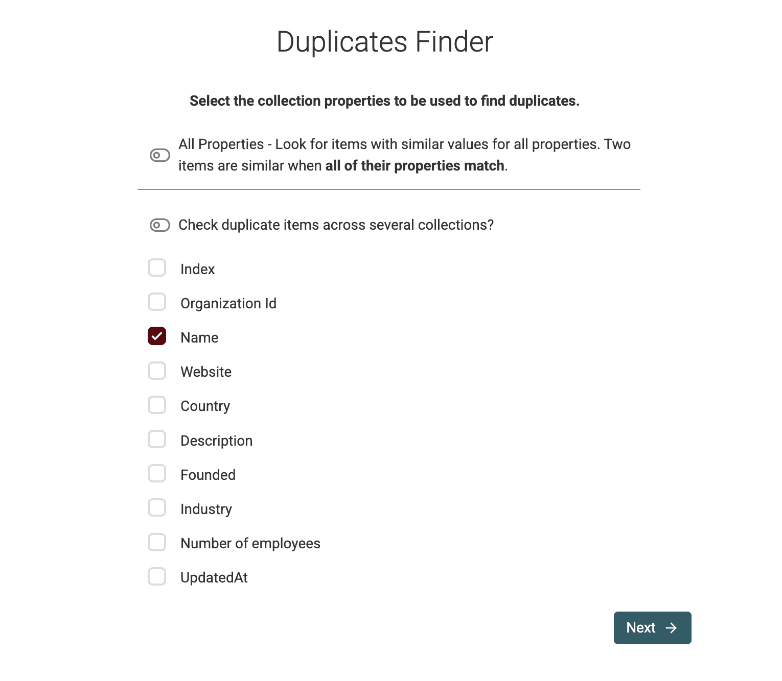 Selecionar propriedades para identificar duplicados