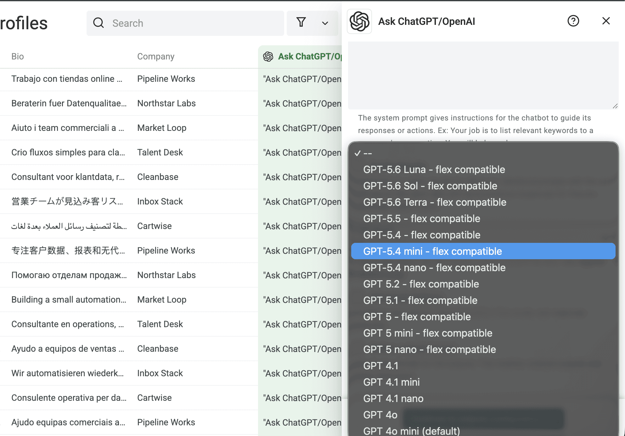 Le sélecteur de modèles OpenAI affiche les modèles compatibles avec Flex dans Datablist