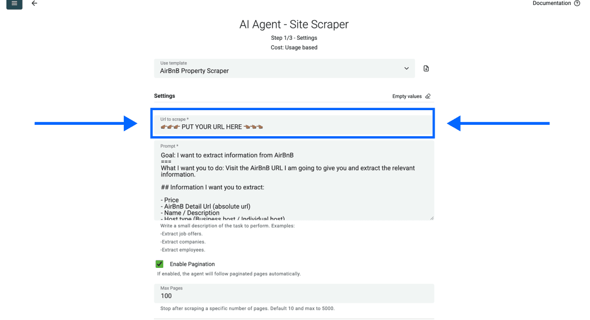 AirBnB Scraper, URL veld