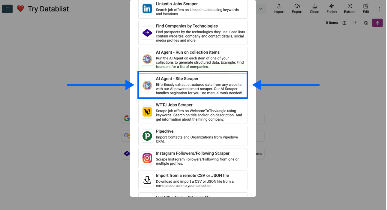 Scraping directories with Datablist, sources