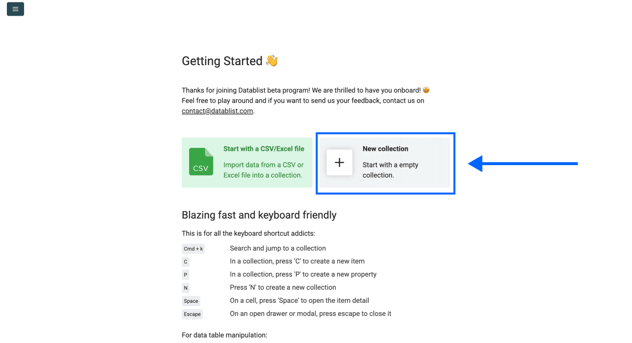 Datablist’s start screen