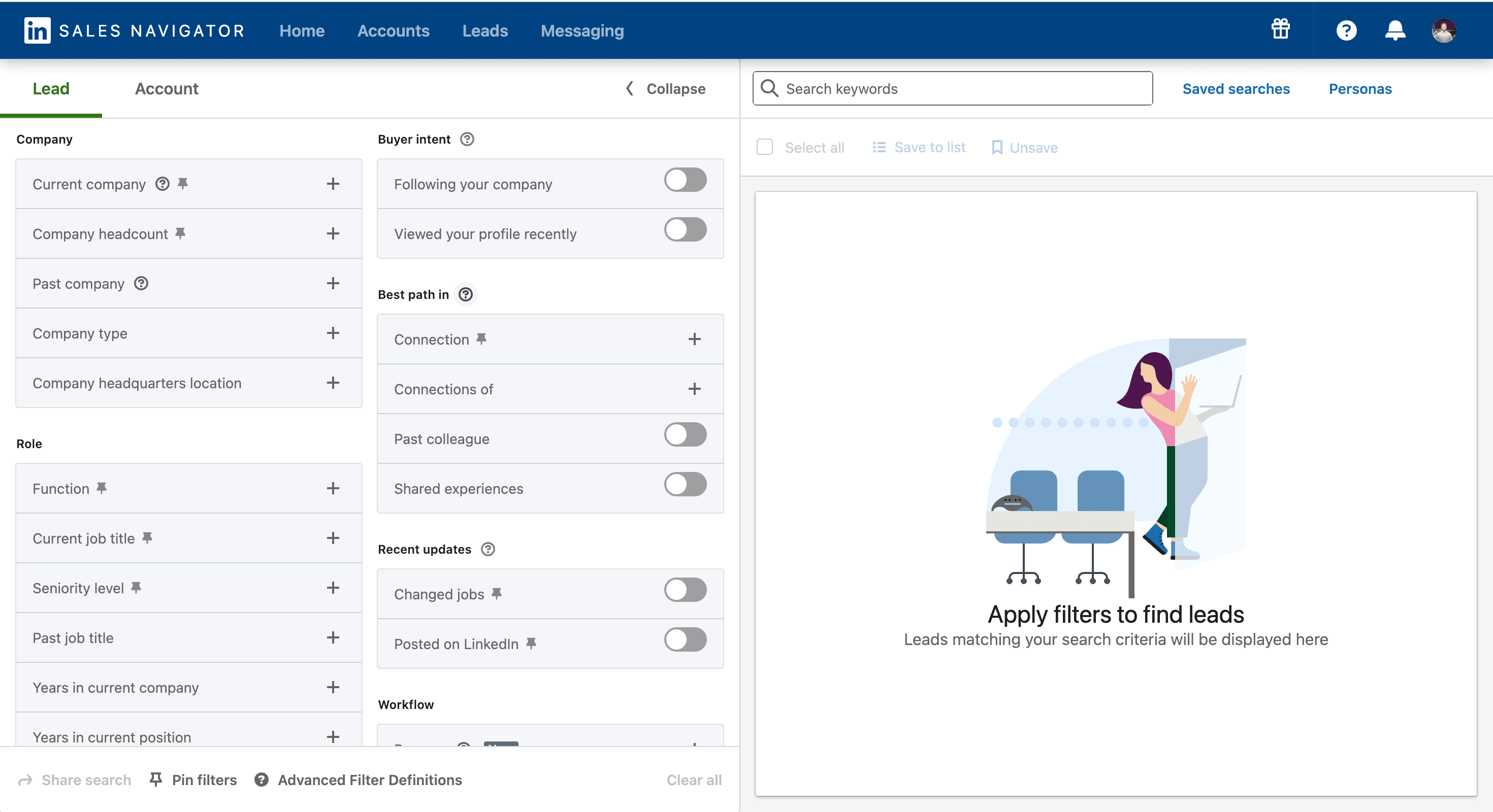 Expanded filter view in Sales Navigator