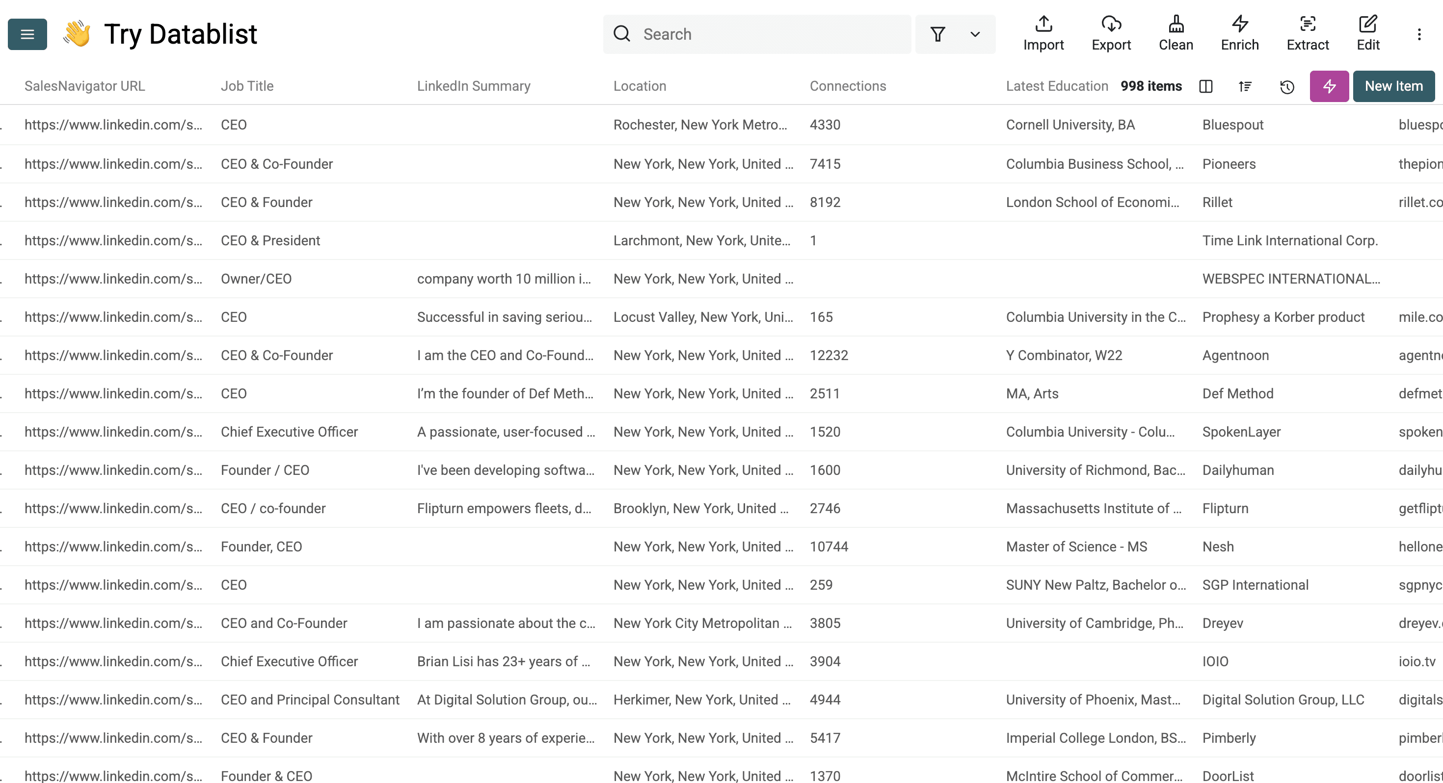 Results of Datablist’s Sales Navigator Scraper