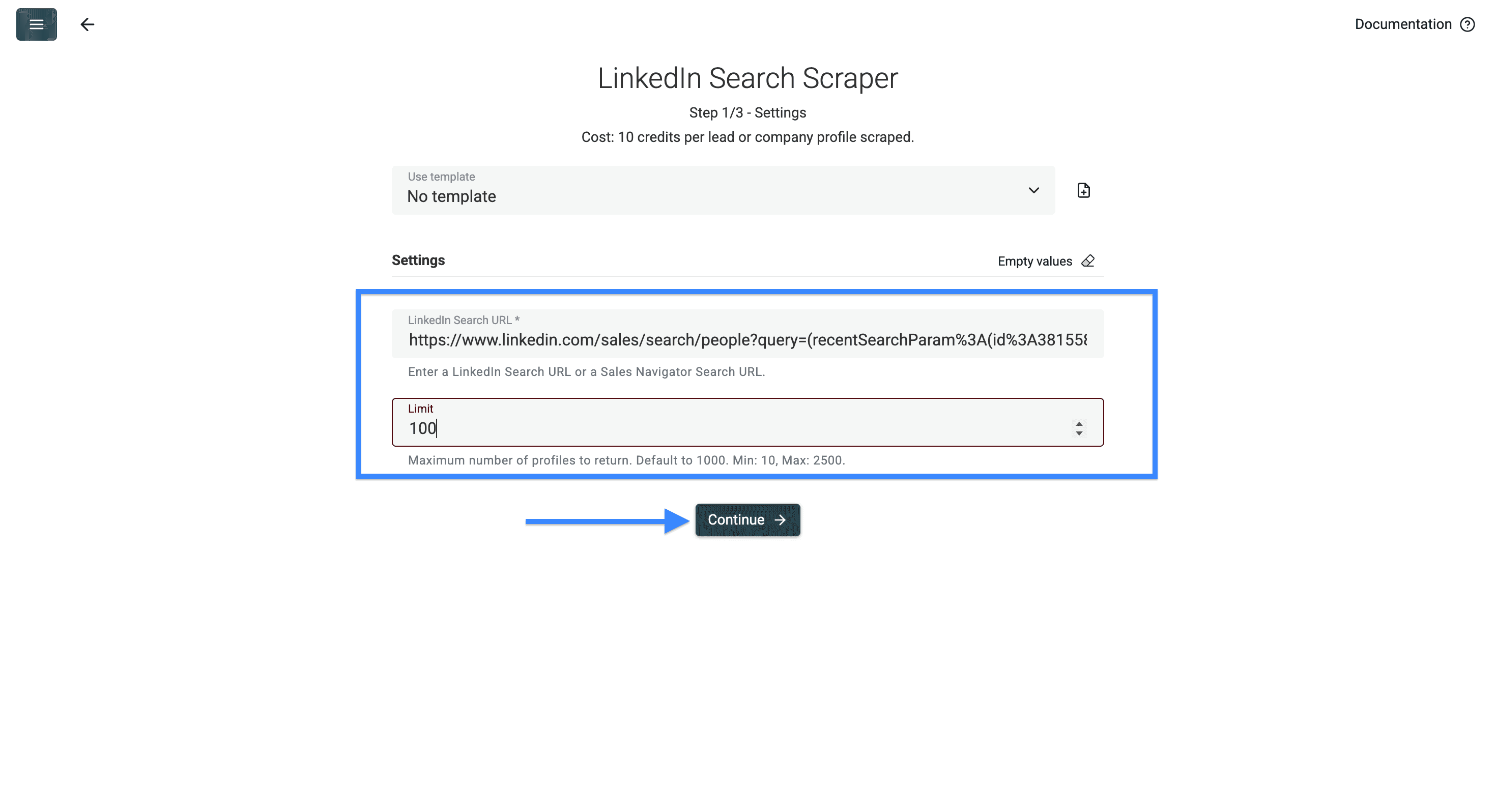 Settings of Datablist’s Sales Navigator Scraper
