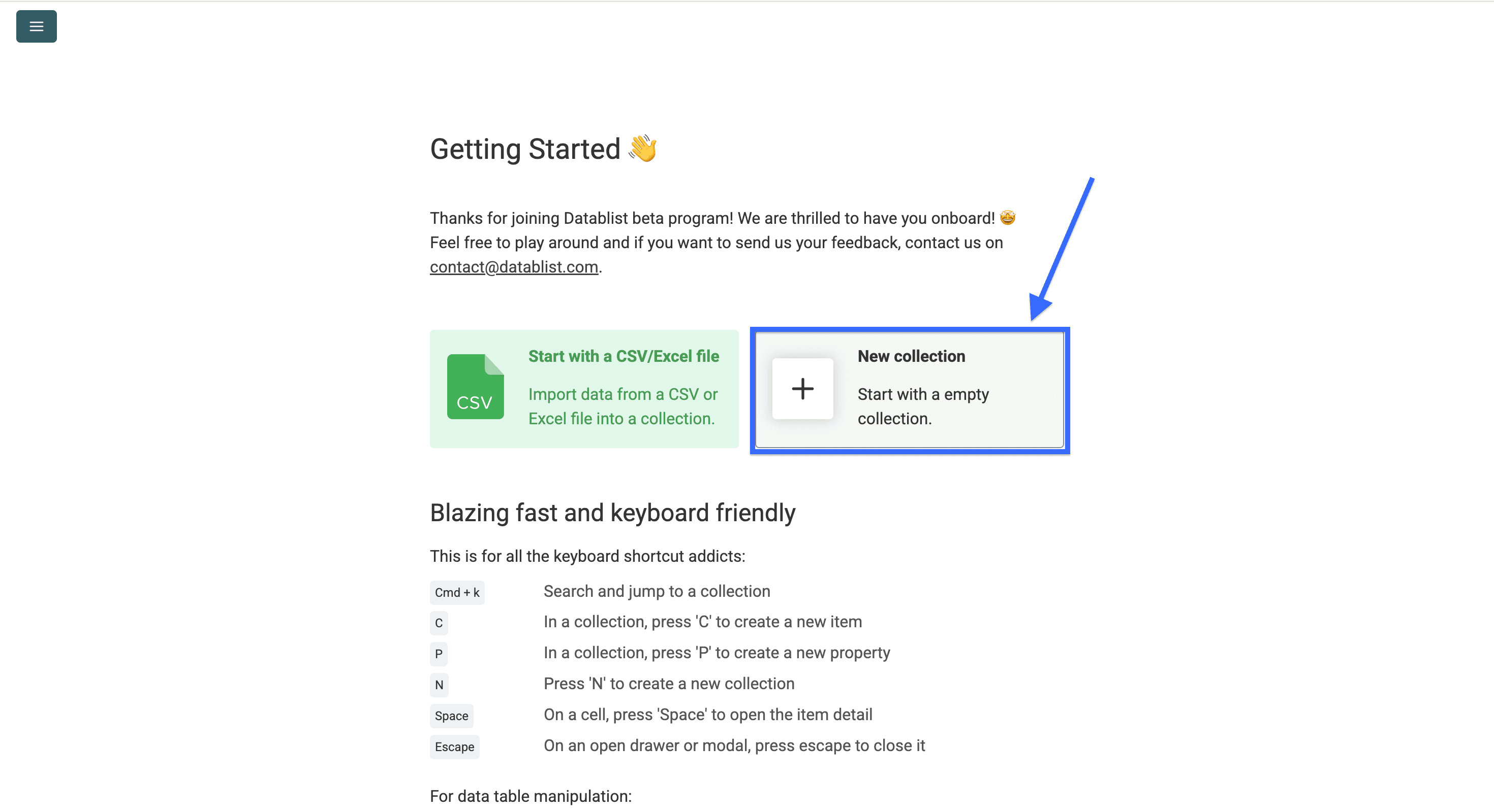 Datablist’s start page to create a new collection