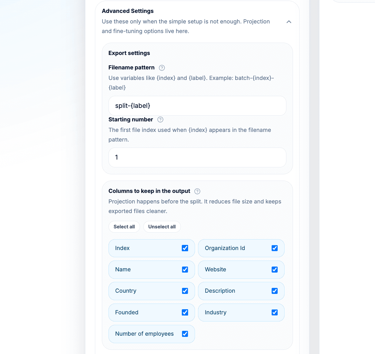 Réglages avancés du CSV Splitter avec modèle de nommage et colonnes sélectionnées