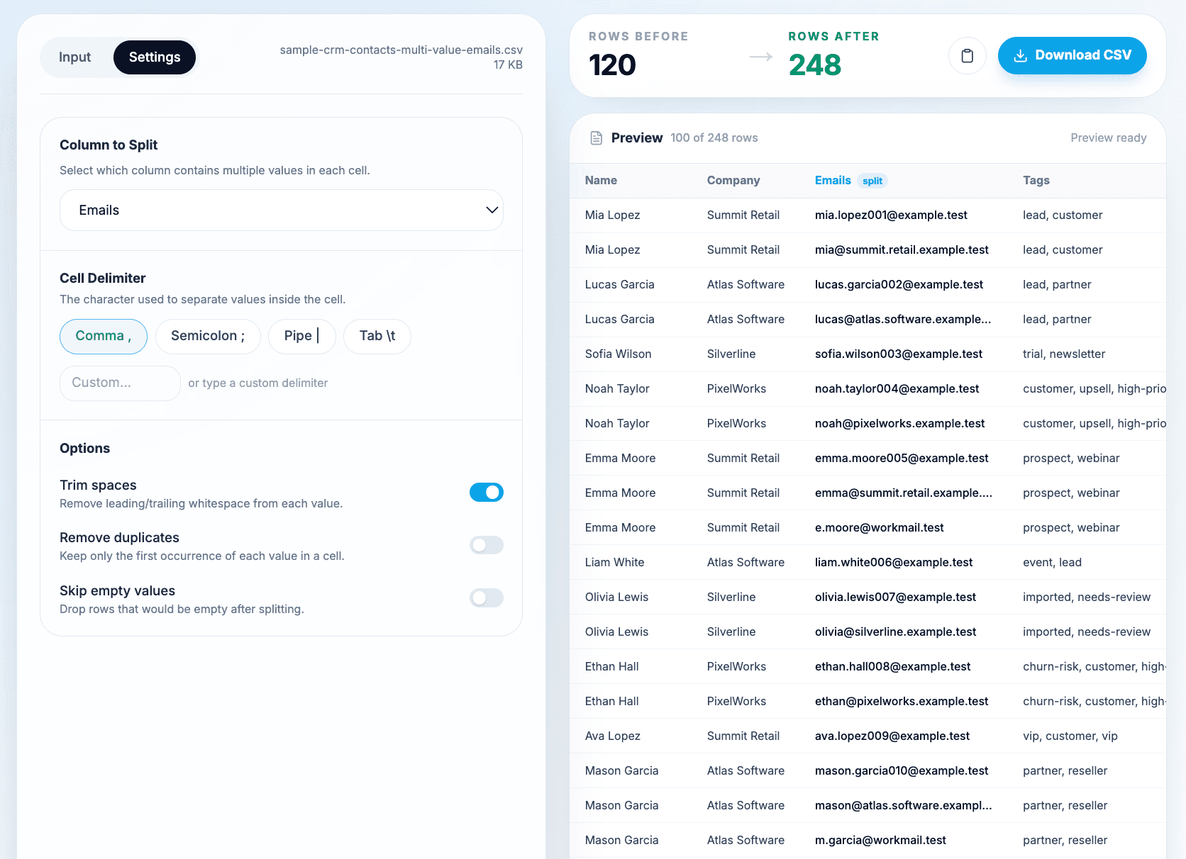 Colonne email sélectionnée et réglages du délimiteur dans CSV Rows Splitter