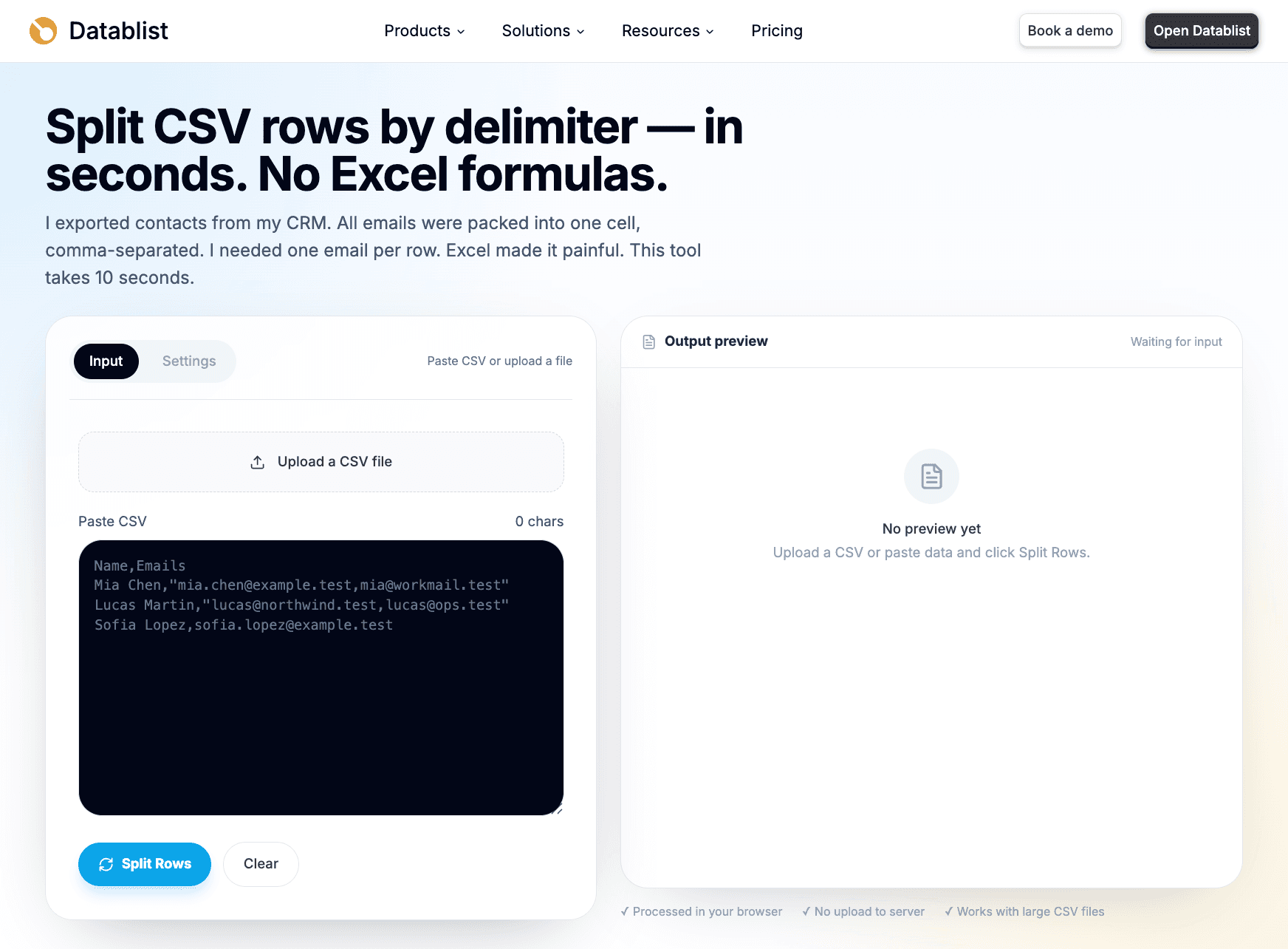 Écran de saisie du CSV Rows Splitter pour coller ou importer un fichier