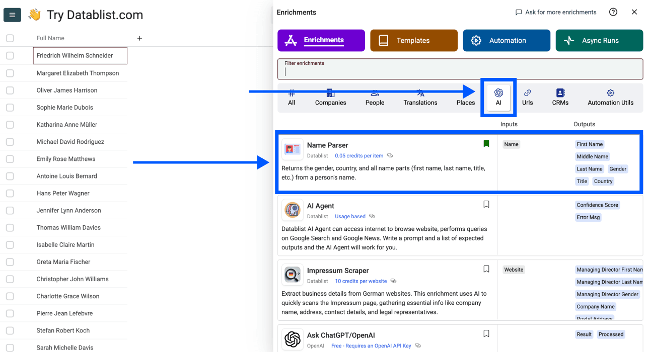 Cómo separar nombres en Excel - biblioteca de Enrichment de Datablist